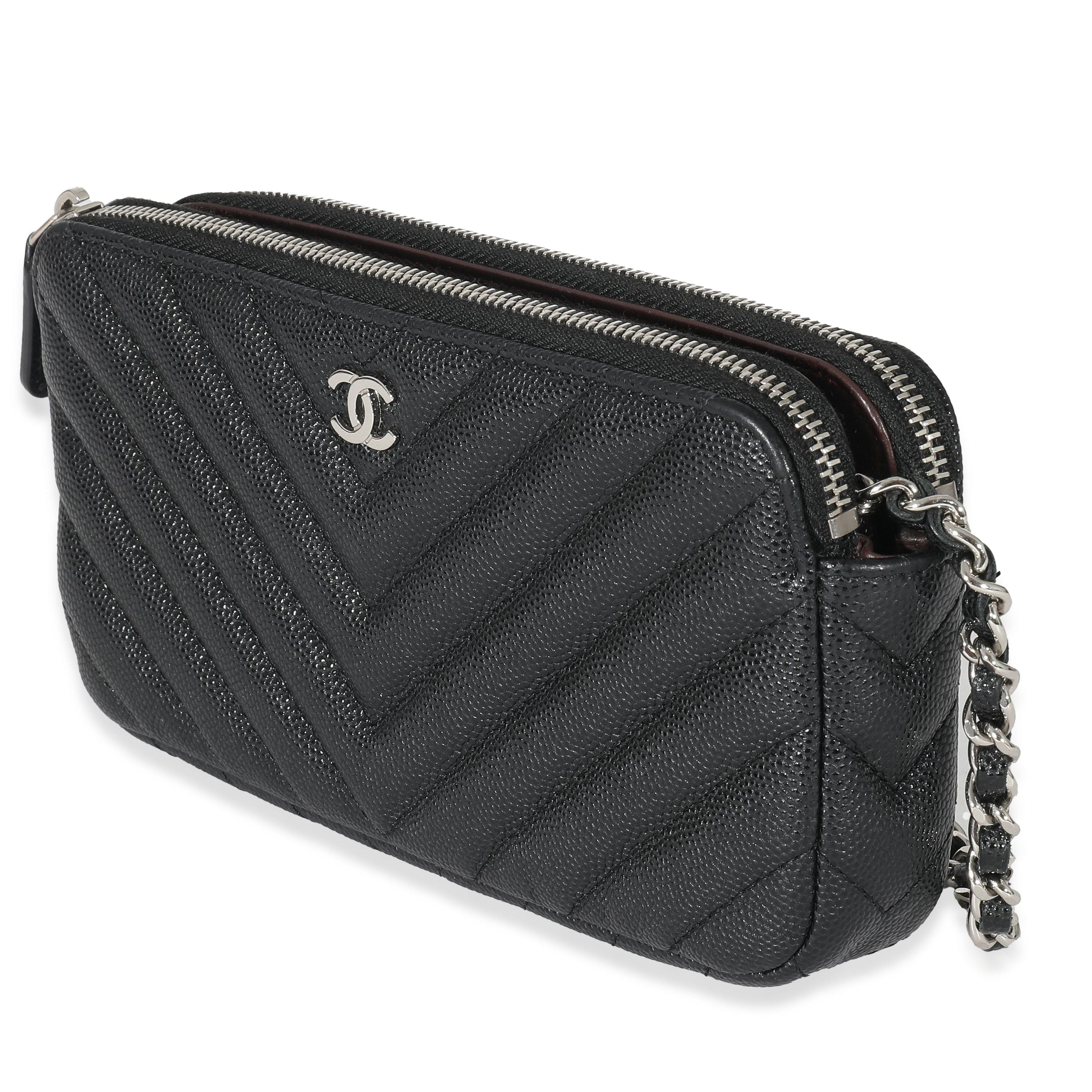 Chanel Chanel 17S Black Caviar Chevron Double Zip Chain Clutch