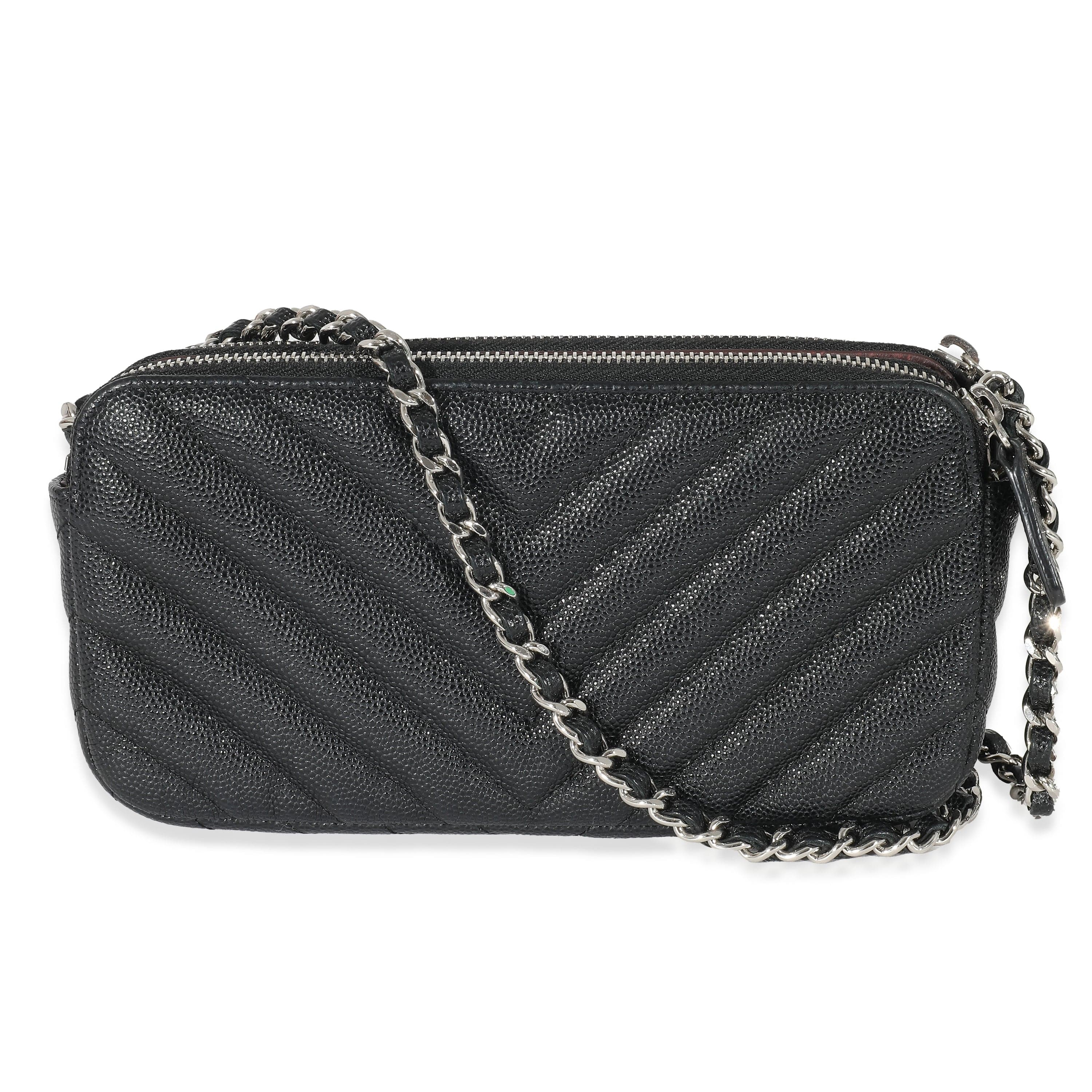 Chanel Chanel 17S Black Caviar Chevron Double Zip Chain Clutch