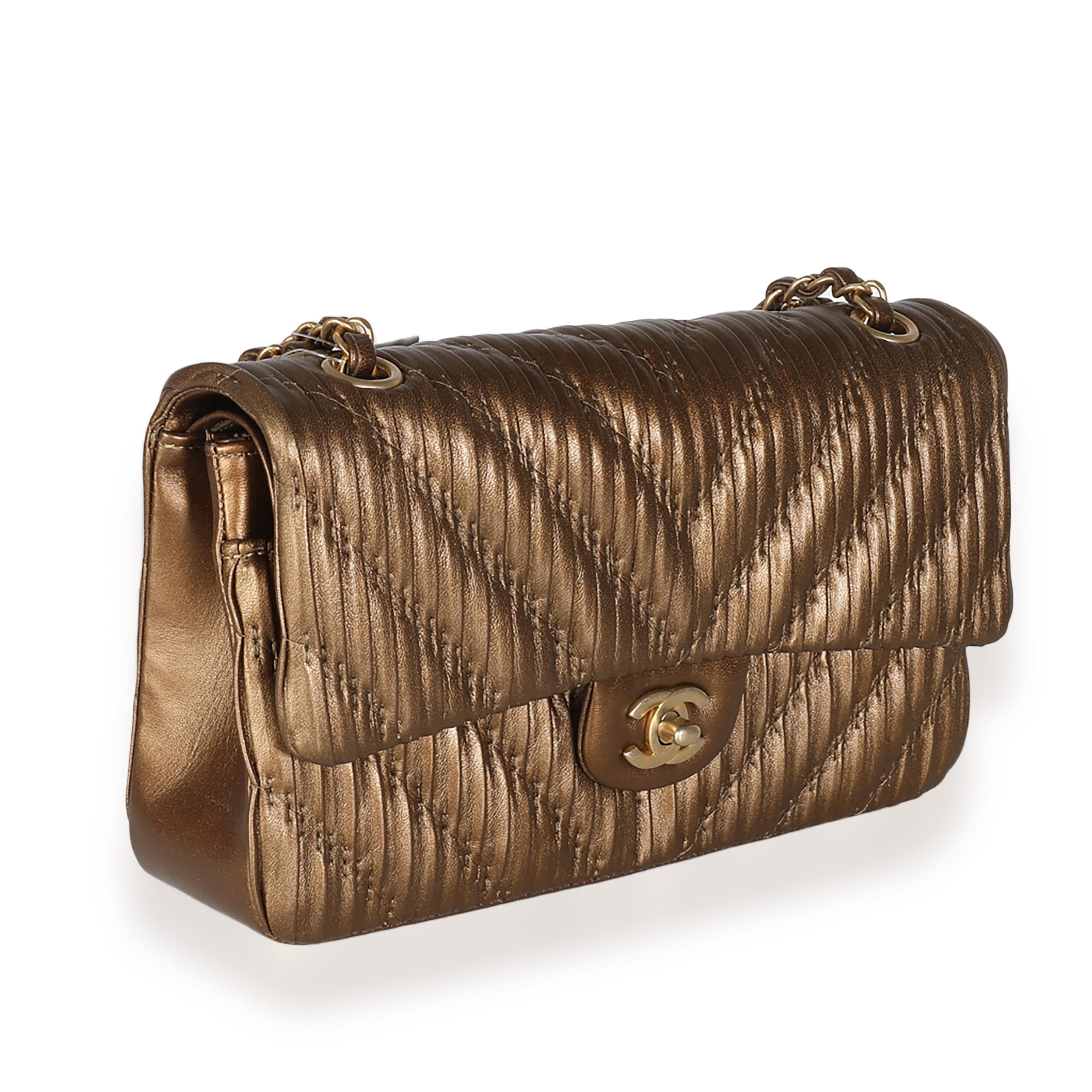 Chanel Chanel 18C Bronze Chevron Pleated Calfskin Medium Classic Double Flap Bag