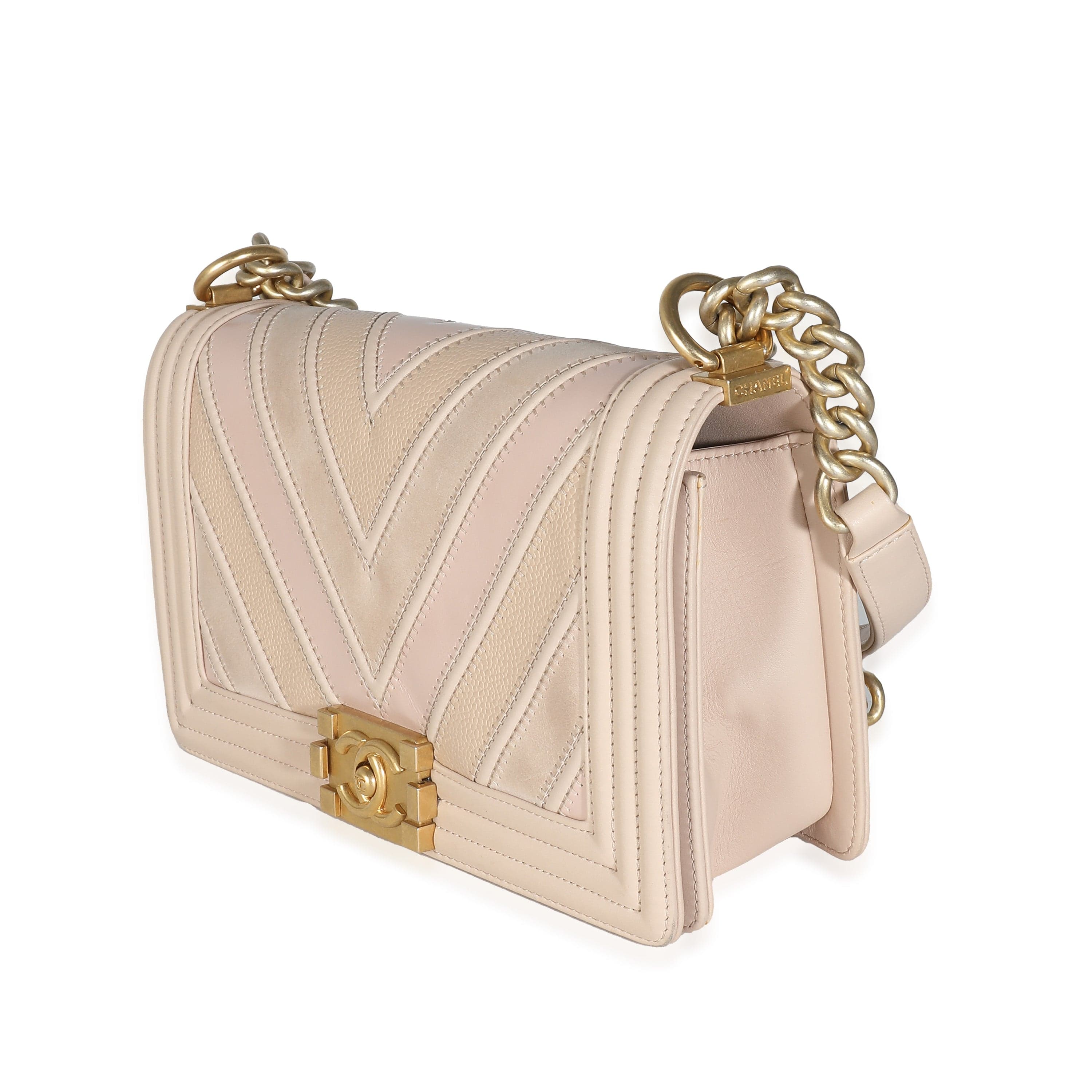 Chanel Chanel Beige Caviar Suede Calfskin Chevron Medium Boy Bag