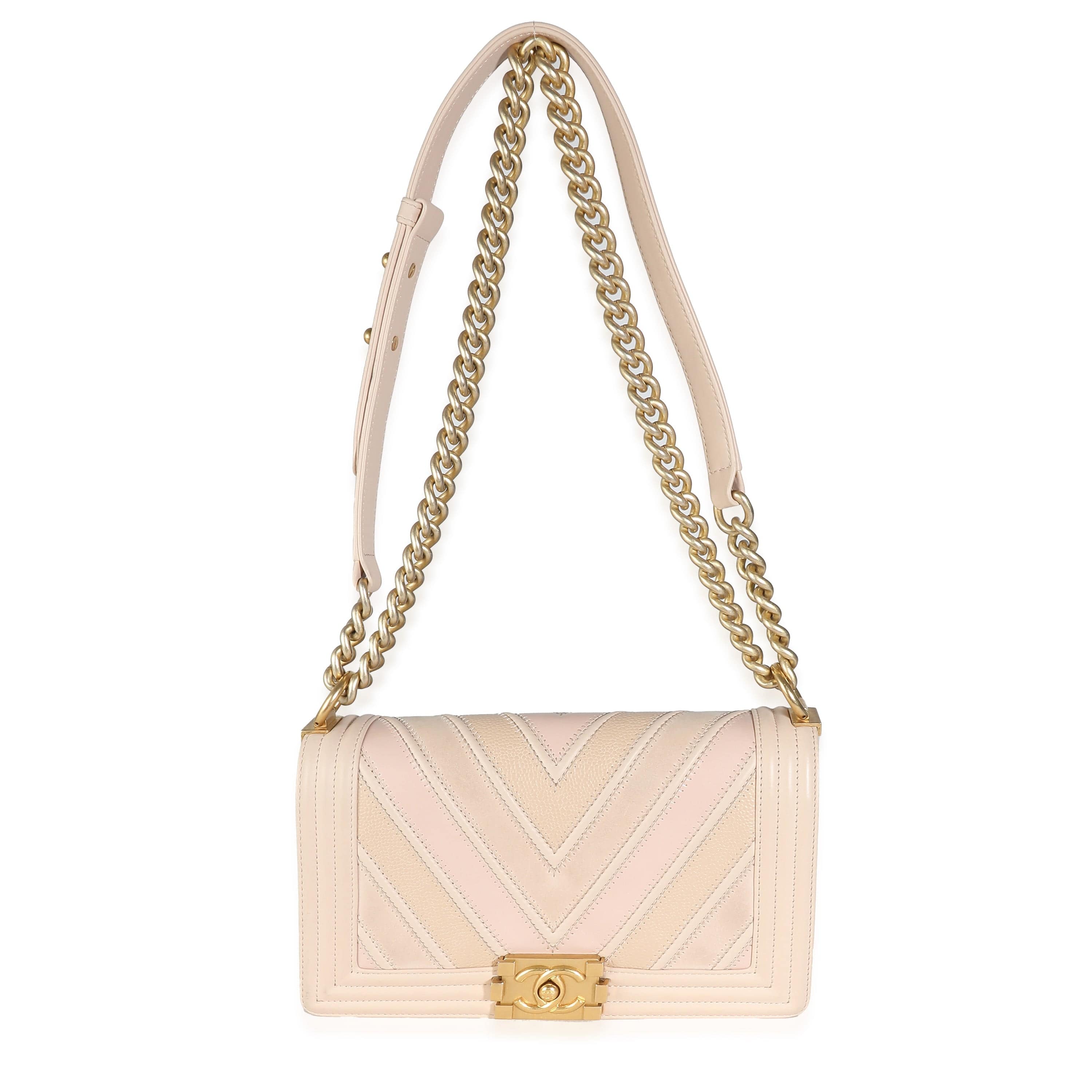 Chanel Chanel Beige Caviar Suede Calfskin Chevron Medium Boy Bag