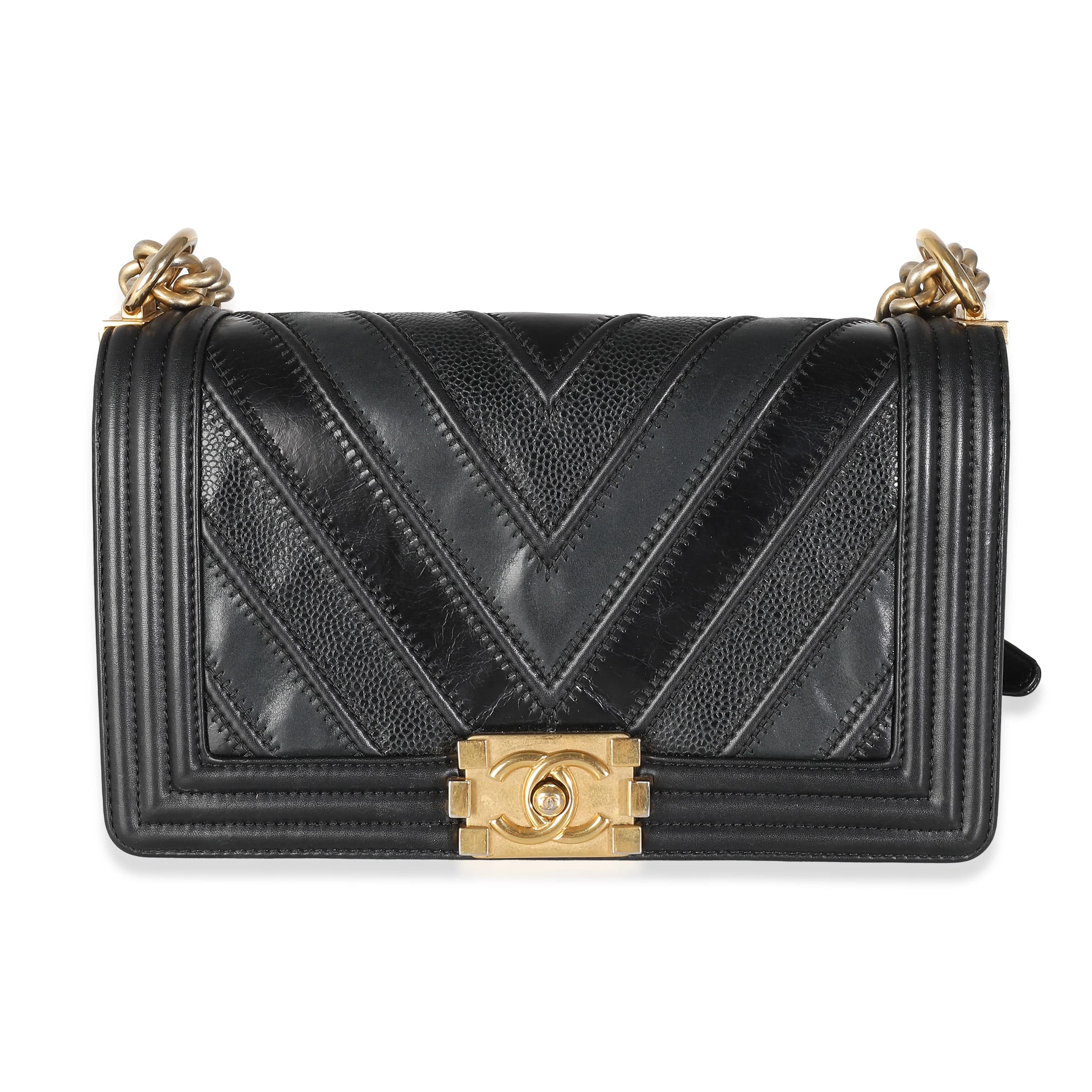 Chanel Chanel Black Calfskin Caviar In The Mix Chevron Old Medium Boy Bag