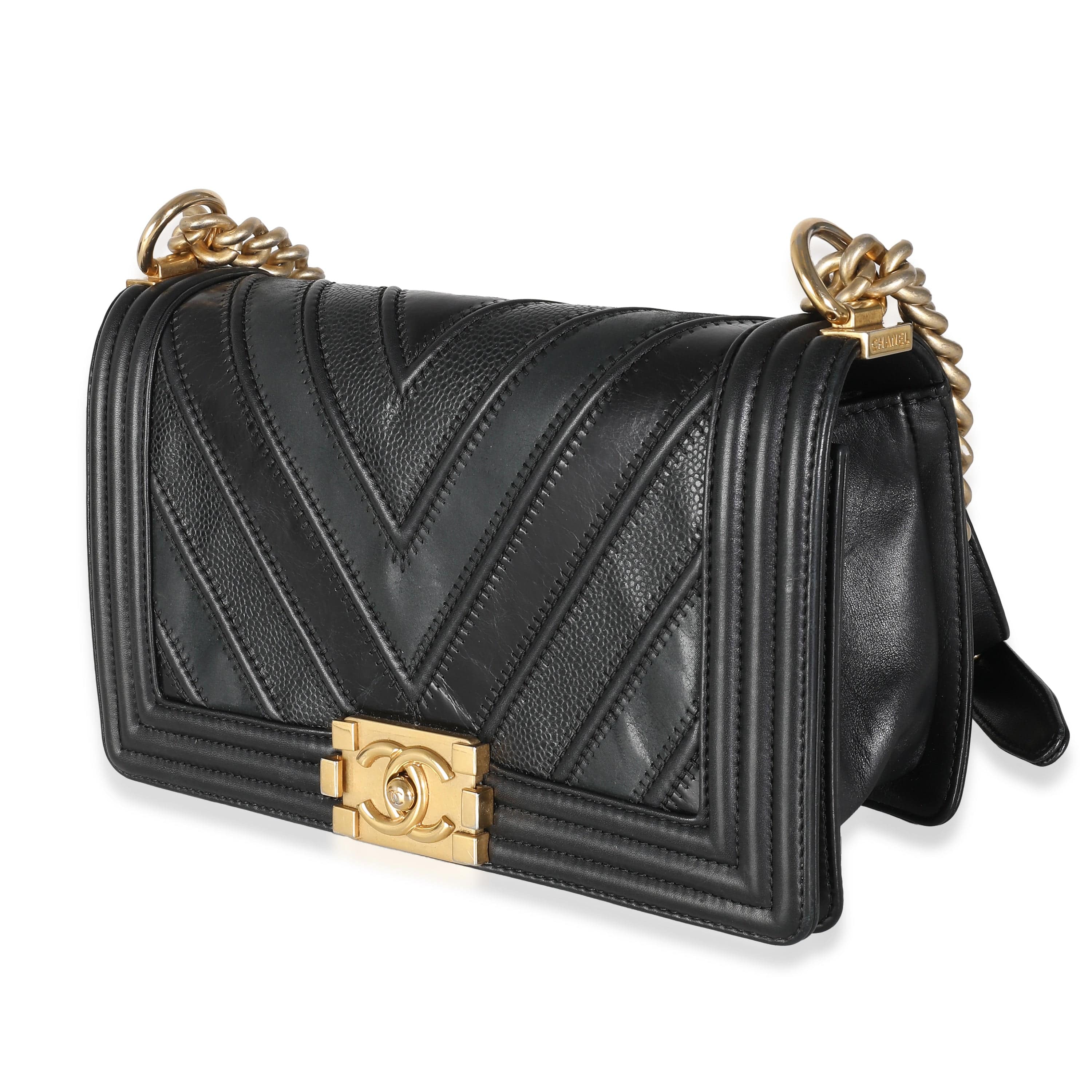 Chanel Chanel Black Calfskin Caviar In The Mix Chevron Old Medium Boy Bag