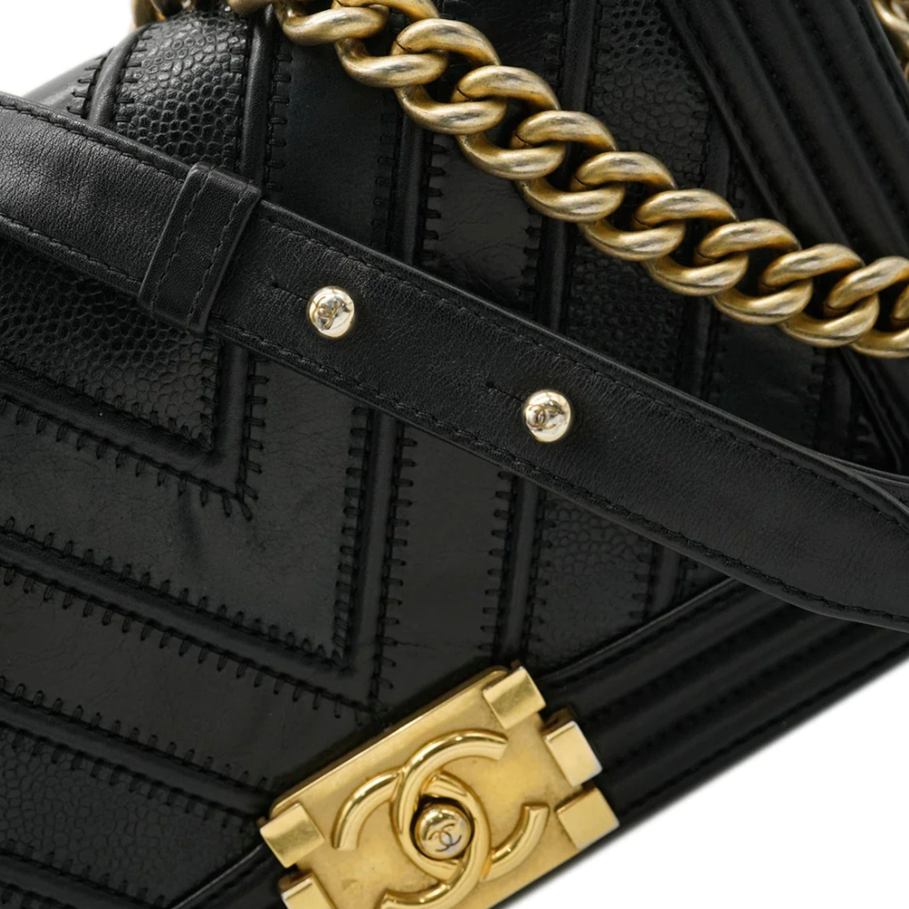 Chanel Chanel Black Calfskin Caviar In The Mix Chevron Old Medium Boy Bag