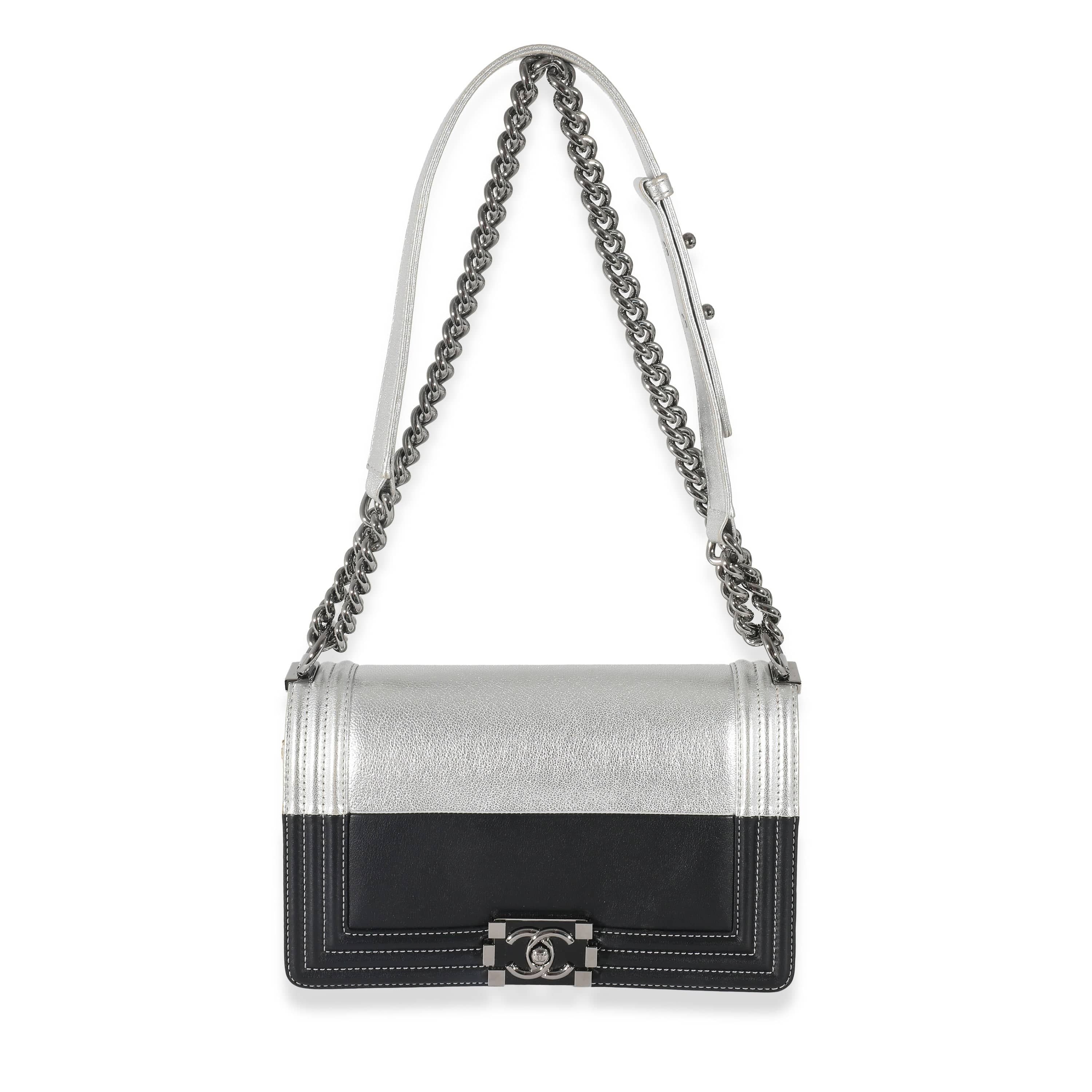 Chanel Chanel Black & Metallic Silver Leather Medium Boy Bag