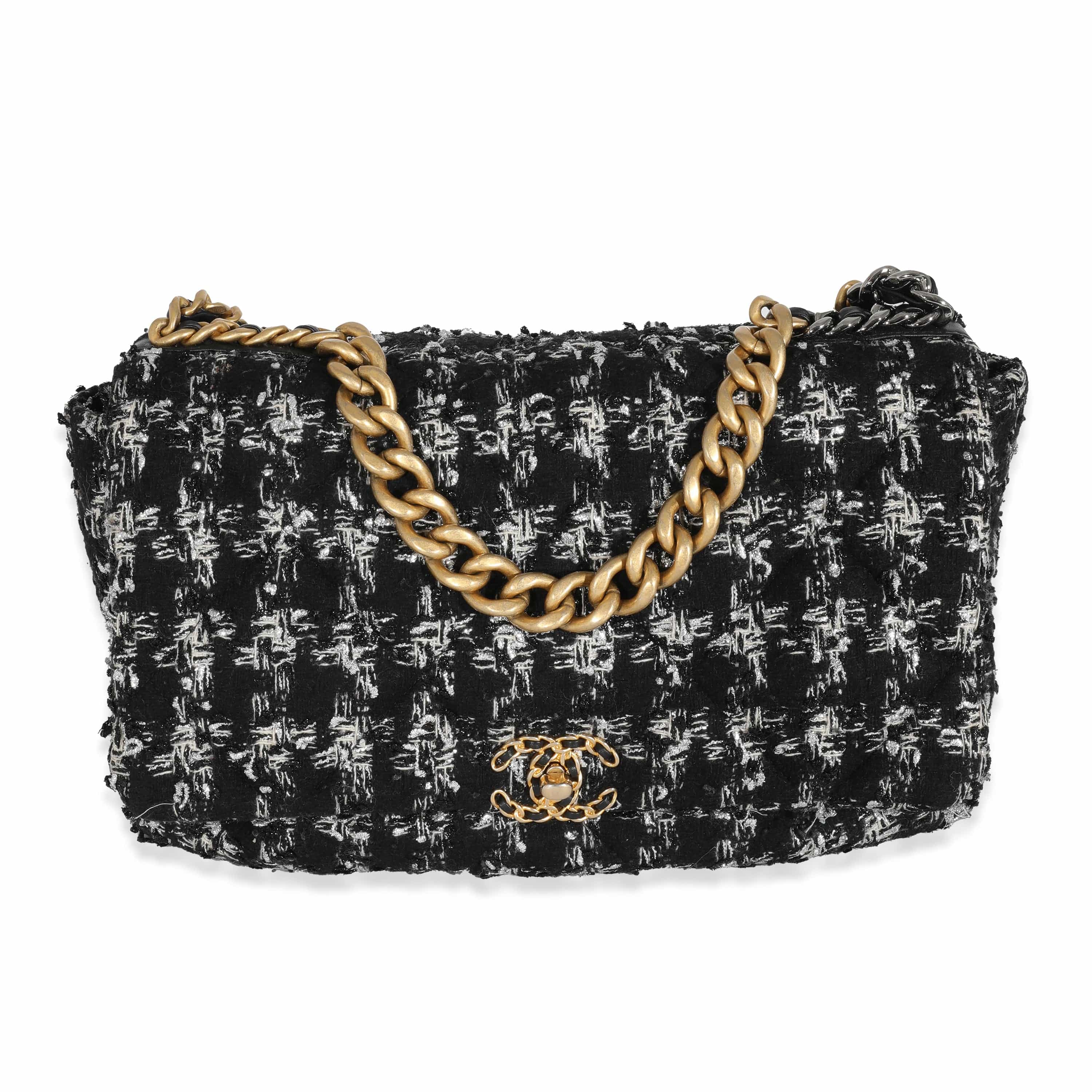 Chanel Chanel Black White Metallic Houndstooth Tweed Chanel 19 Maxi Flap Bag