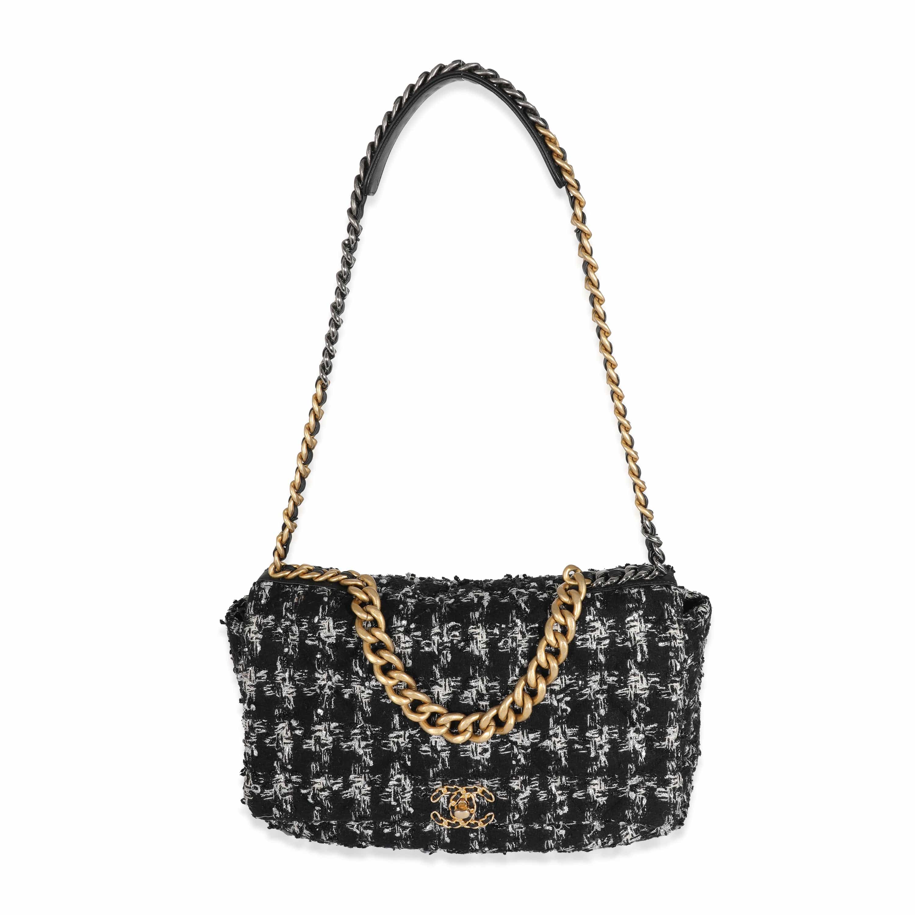 Chanel Chanel Black White Metallic Houndstooth Tweed Chanel 19 Maxi Flap Bag