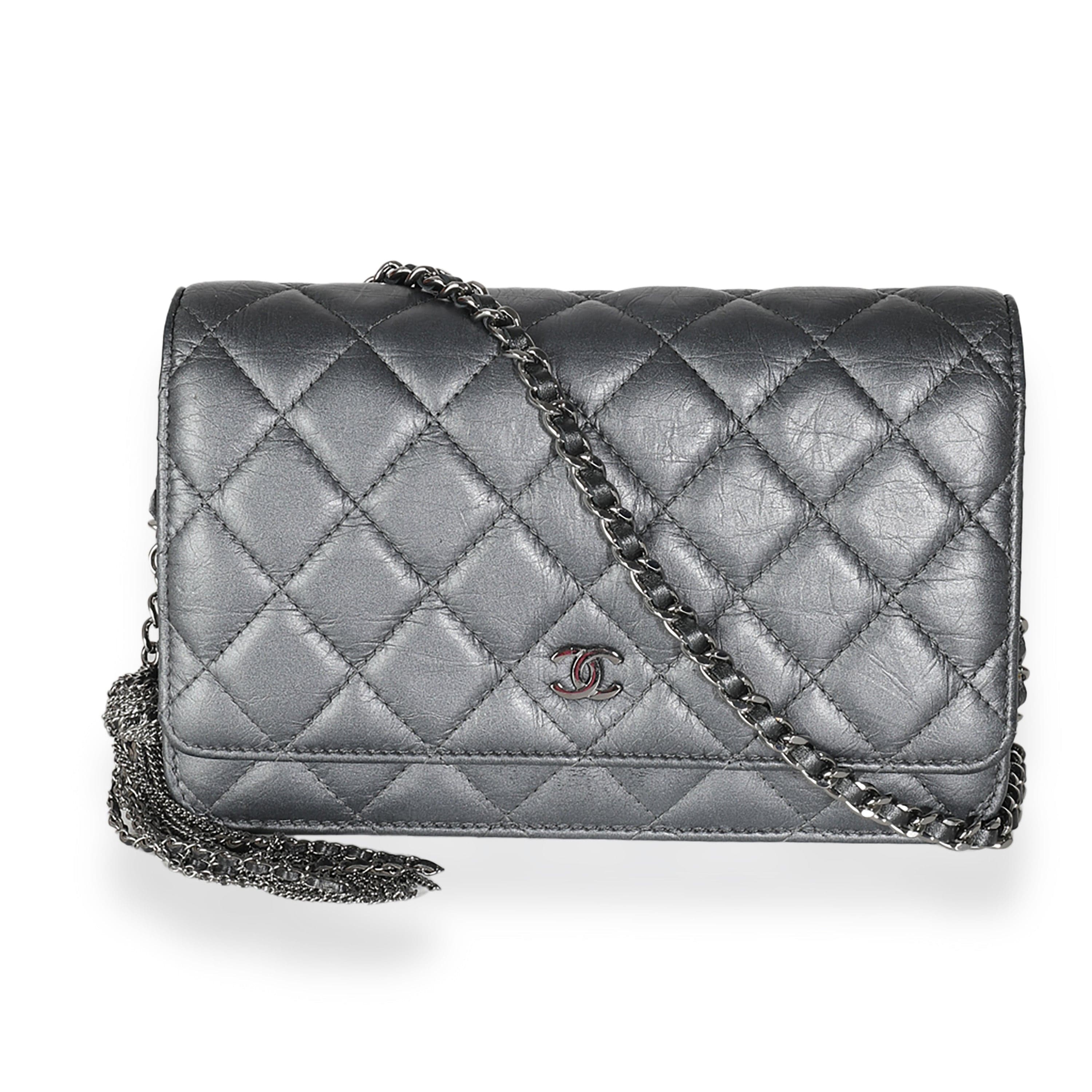 Chanel Chanel Dark Silver Iridescent Aged Calfskin Quilted Tassel Wallet On Chain