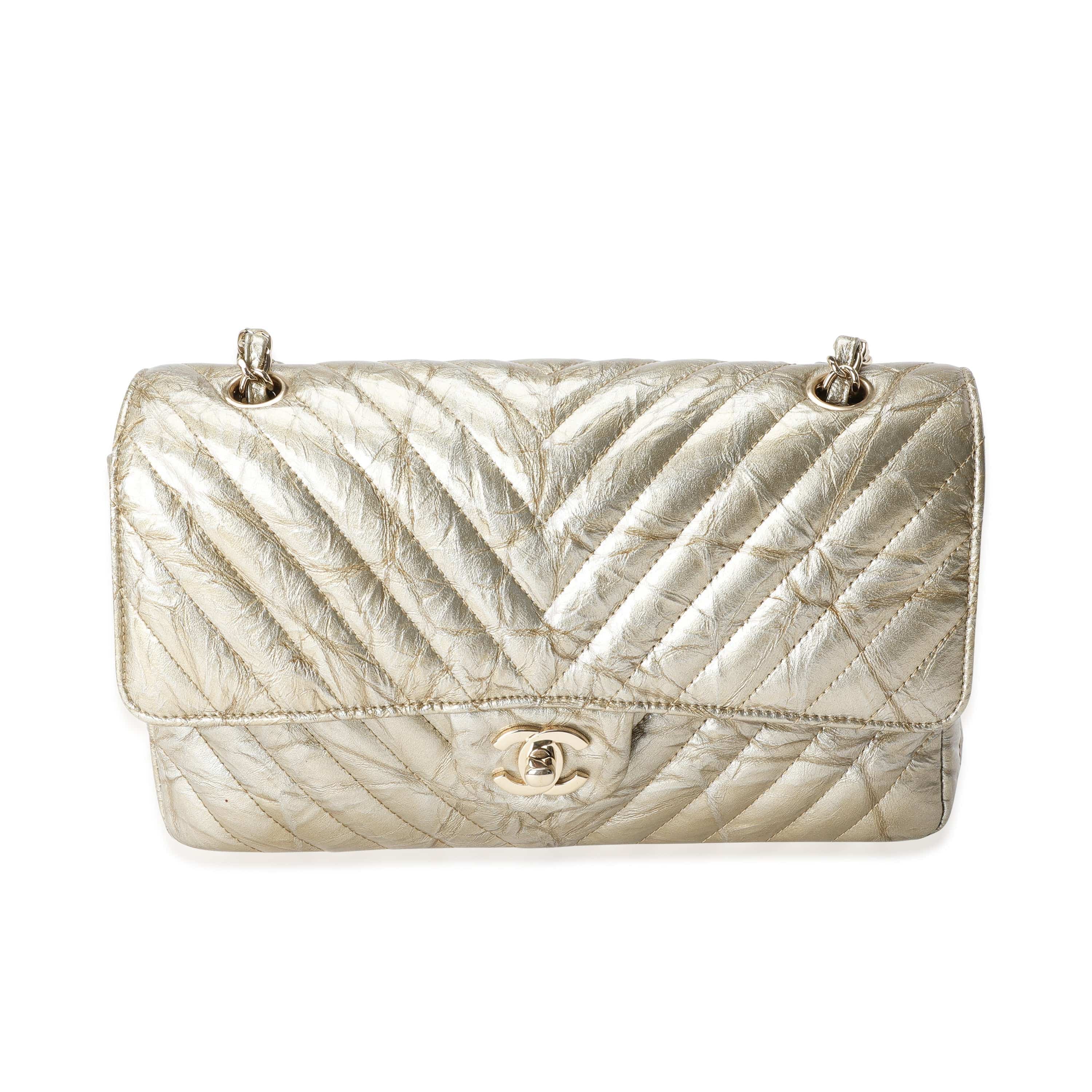 Chanel Chanel Gold Chevron Quilted Patent Leather Medium Classic Double Flap Bag