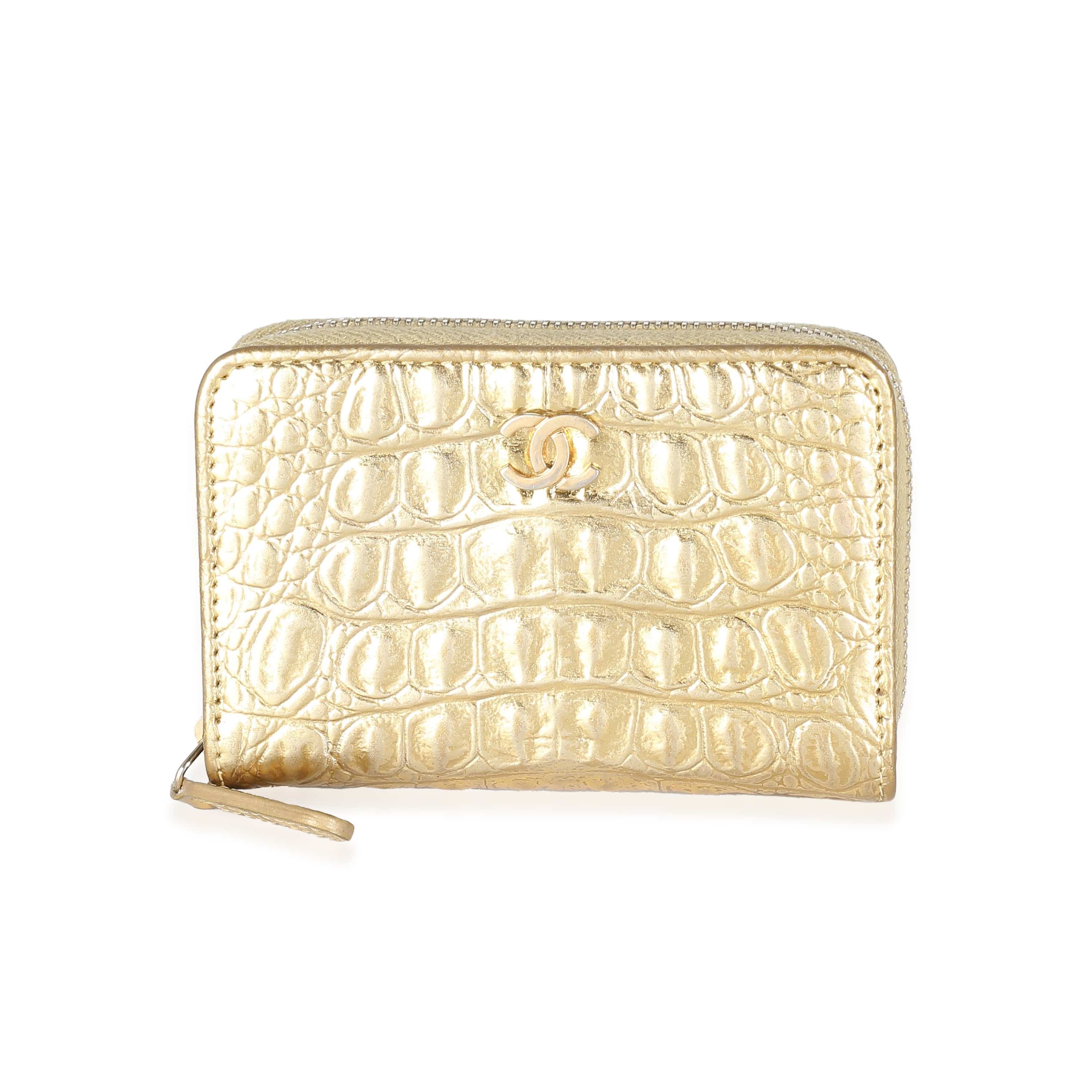 Chanel Chanel Gold Metallic Croc Embossed Calfskin Zip Around Card Case