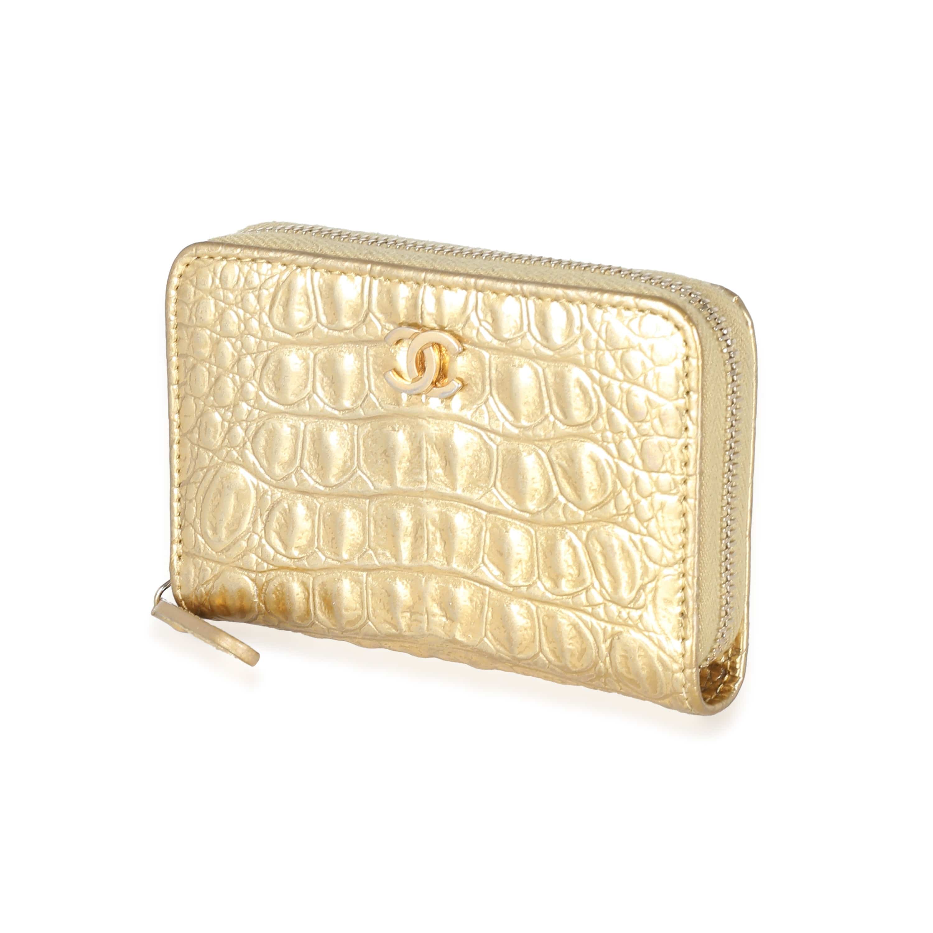 Chanel Chanel Gold Metallic Croc Embossed Calfskin Zip Around Card Case