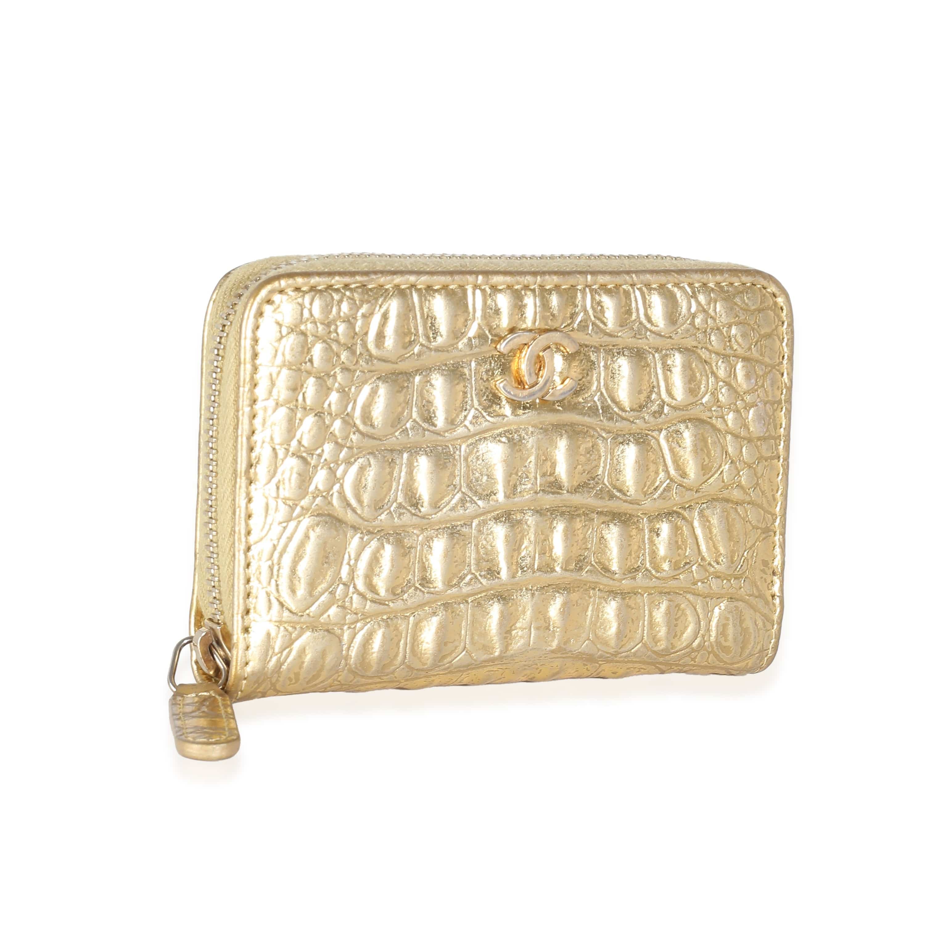 Chanel Chanel Gold Metallic Croc Embossed Calfskin Zip Around Card Case