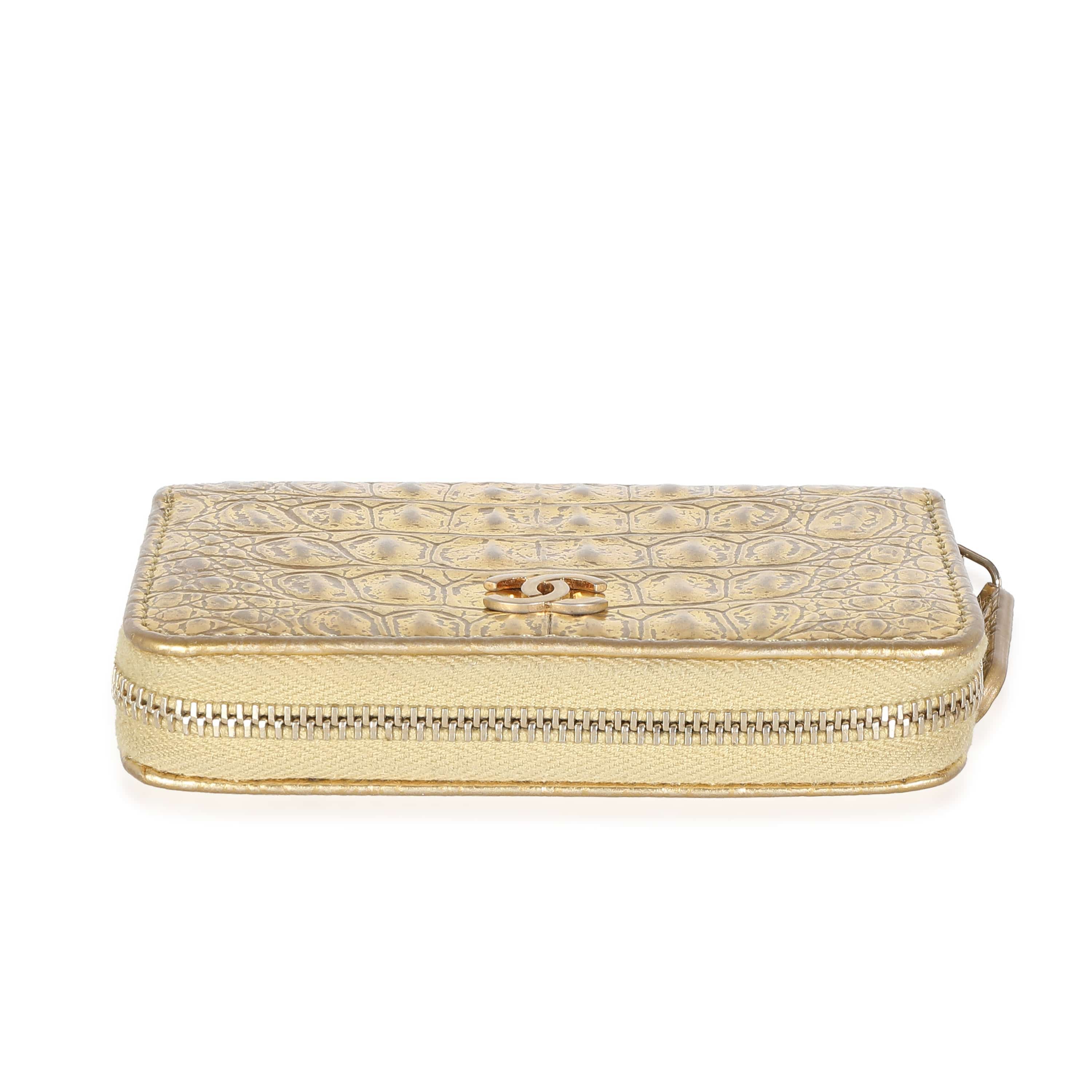 Chanel Chanel Gold Metallic Croc Embossed Calfskin Zip Around Card Case