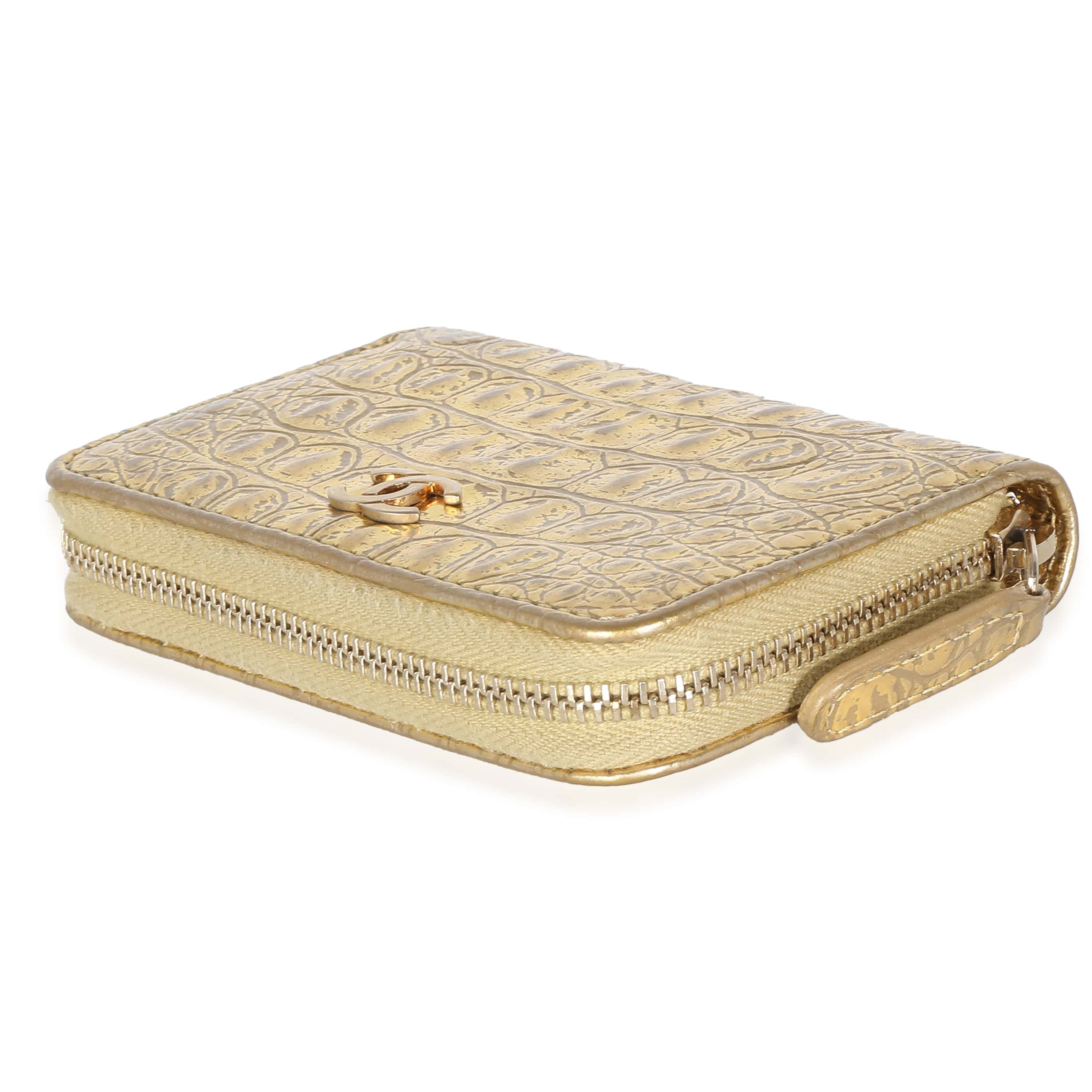 Chanel Chanel Gold Metallic Croc Embossed Calfskin Zip Around Card Case