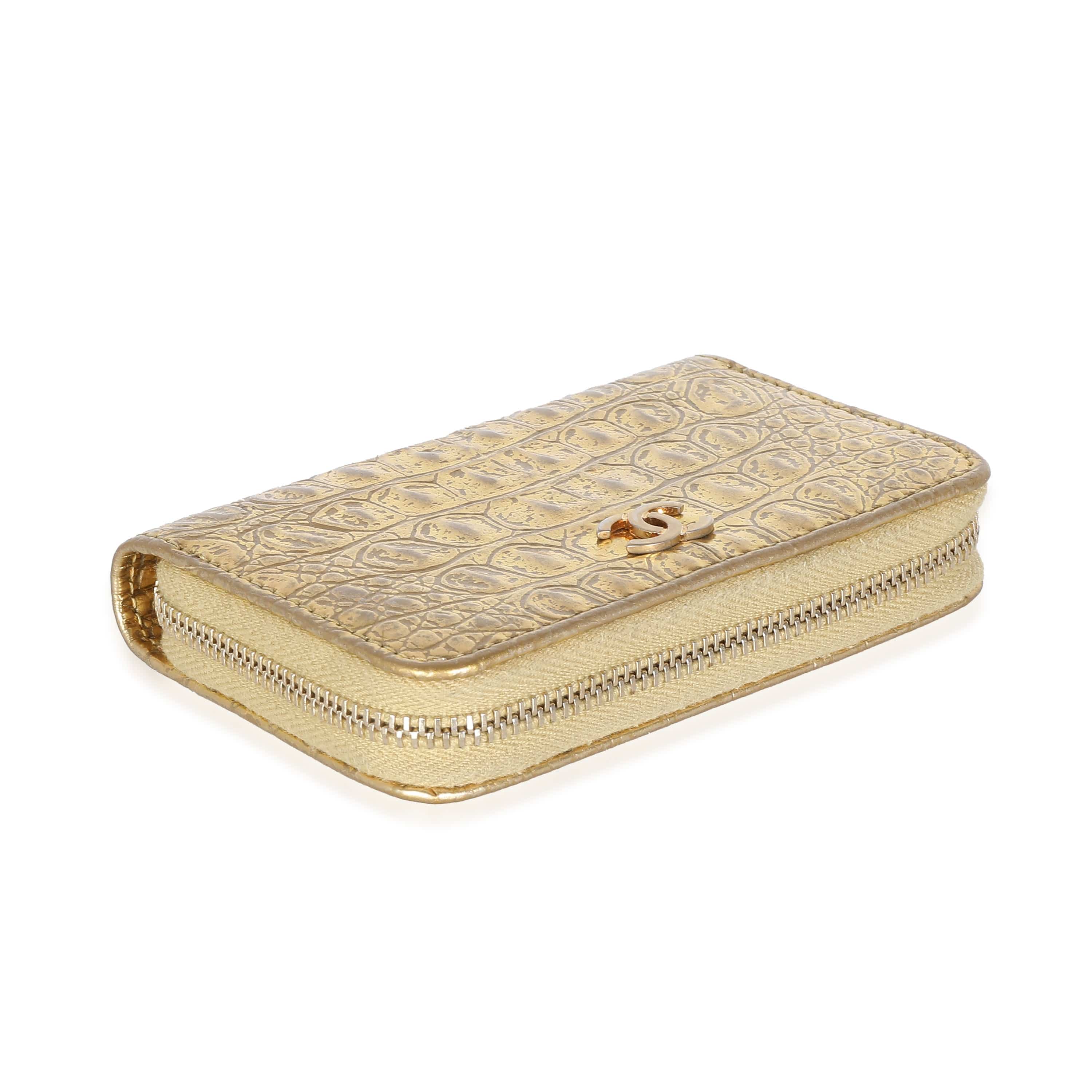 Chanel Chanel Gold Metallic Croc Embossed Calfskin Zip Around Card Case