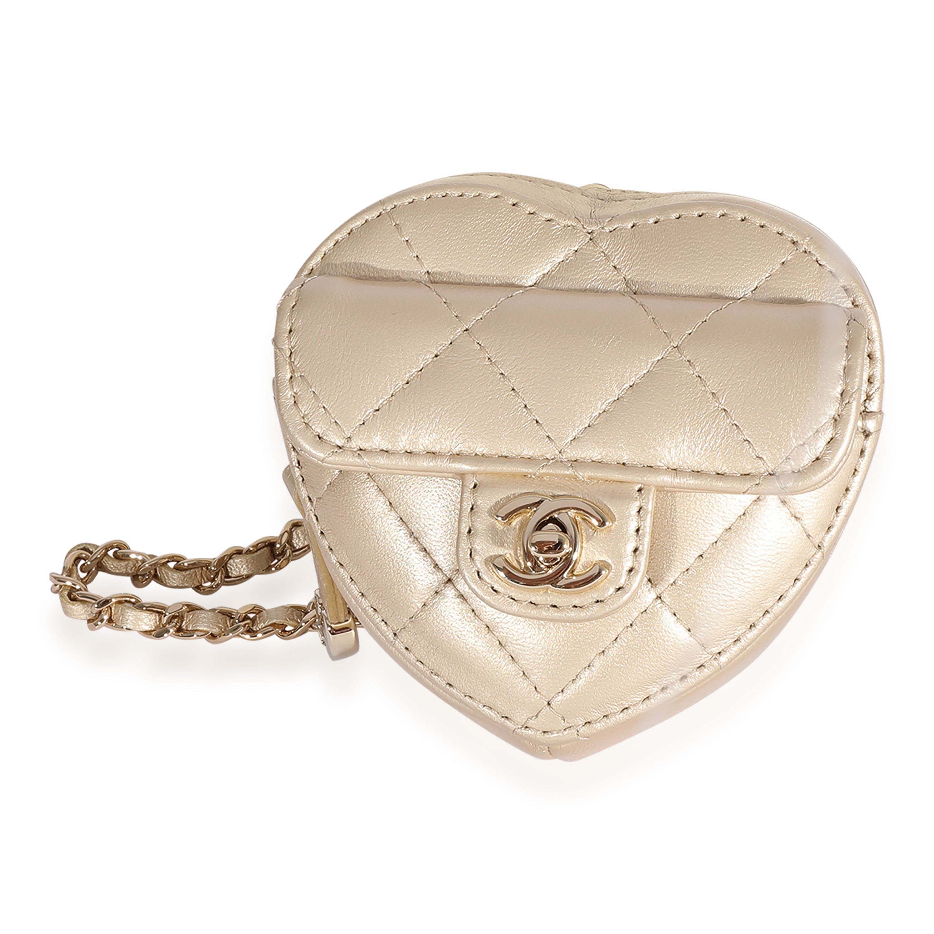 Chanel Chanel Metallic Gold Quilted Lambskin Heart Coin Purse Necklace