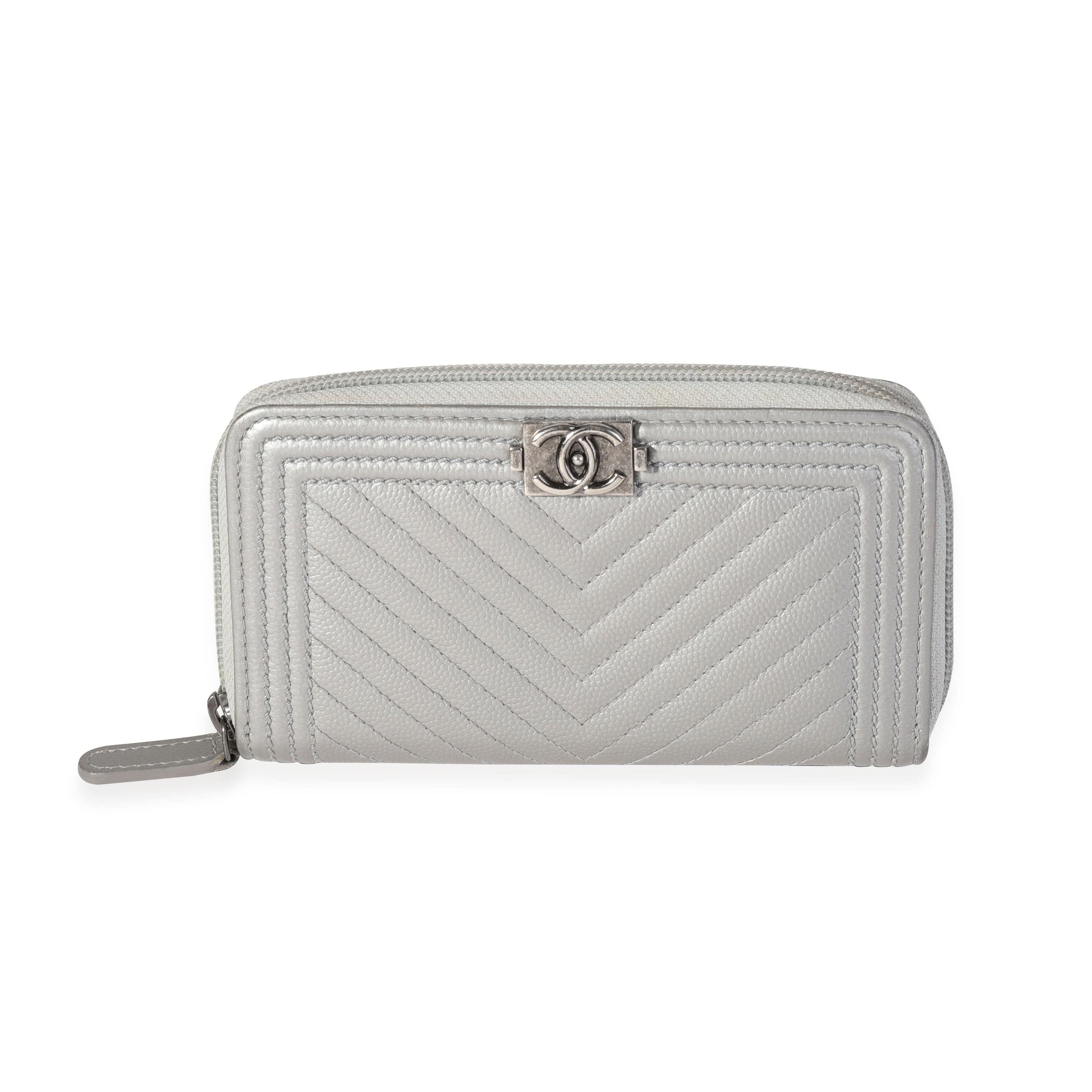 Chanel Chanel Silver Chevron Quilted Zip-Around Boy Wallet