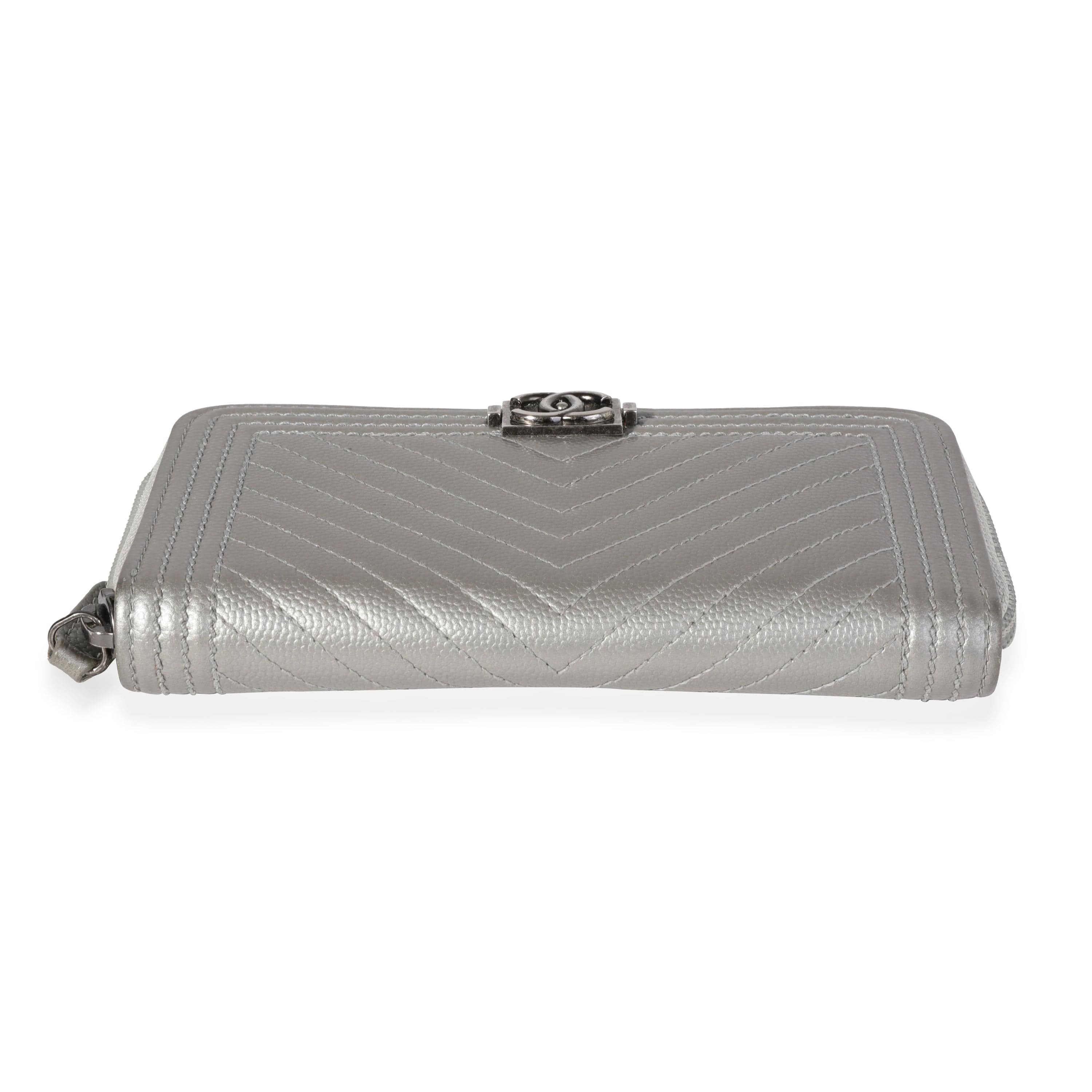 Chanel Chanel Silver Chevron Quilted Zip-Around Boy Wallet