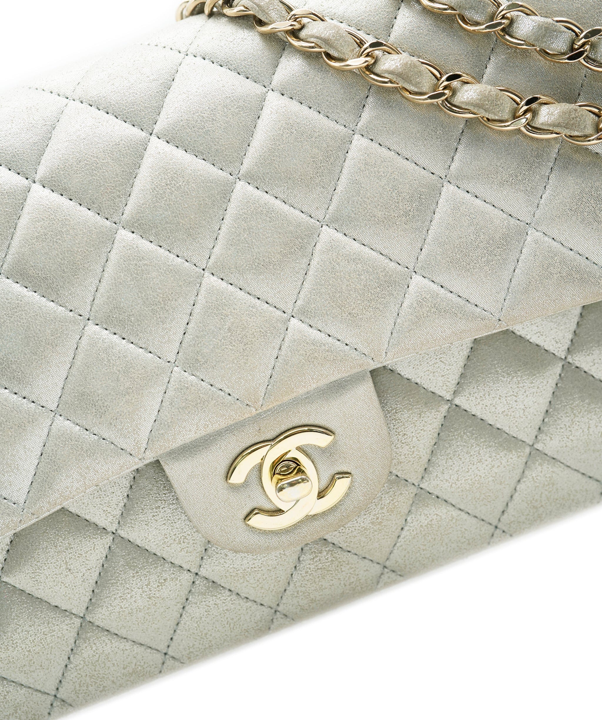 Chanel Chanel Silver Quilted Nubuck Medium Classic Double Flap Bag