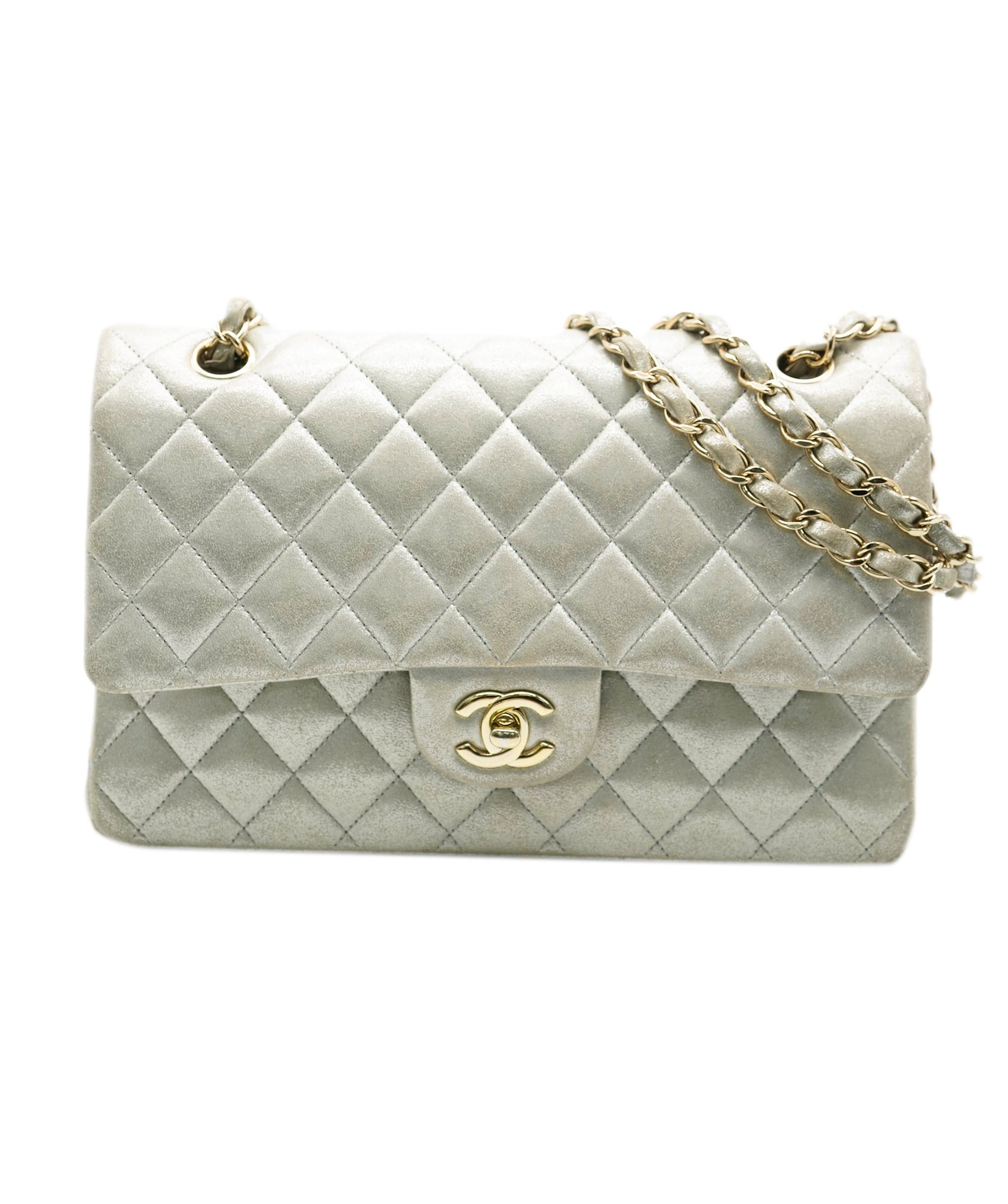 Chanel Chanel Silver Quilted Nubuck Medium Classic Double Flap Bag