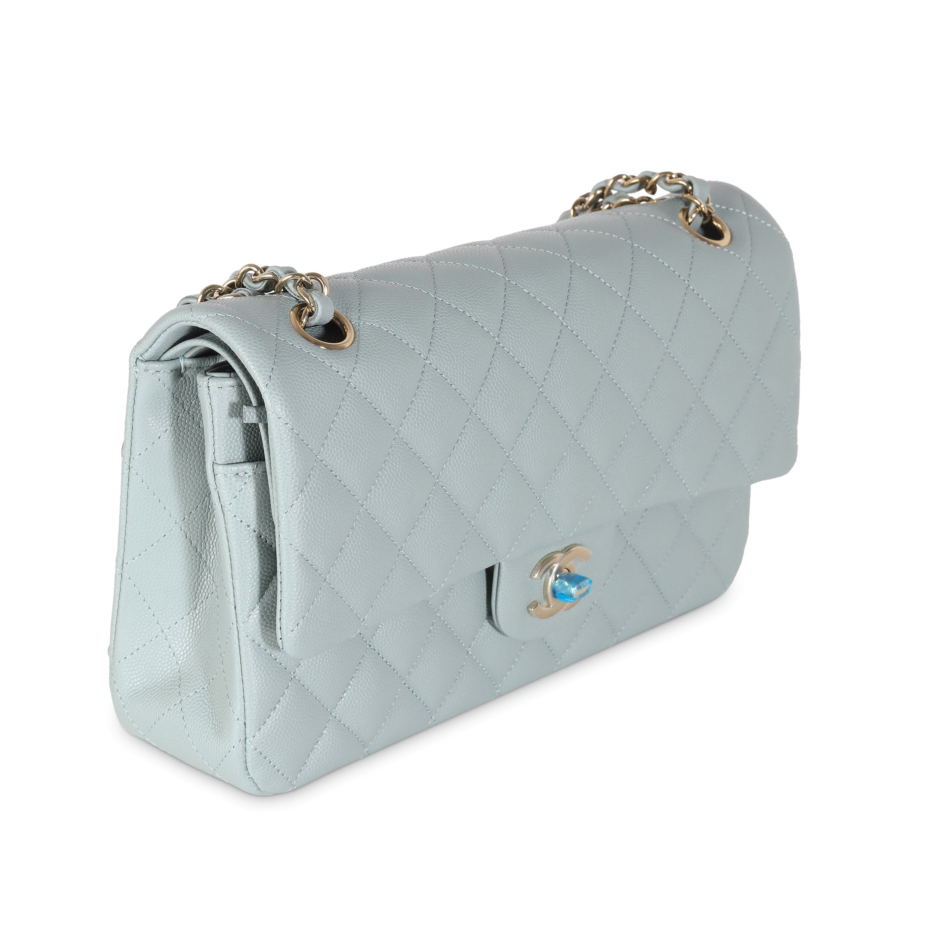 Chanel Light Blue Quilted Caviar Medium Classic Double Flap Bag