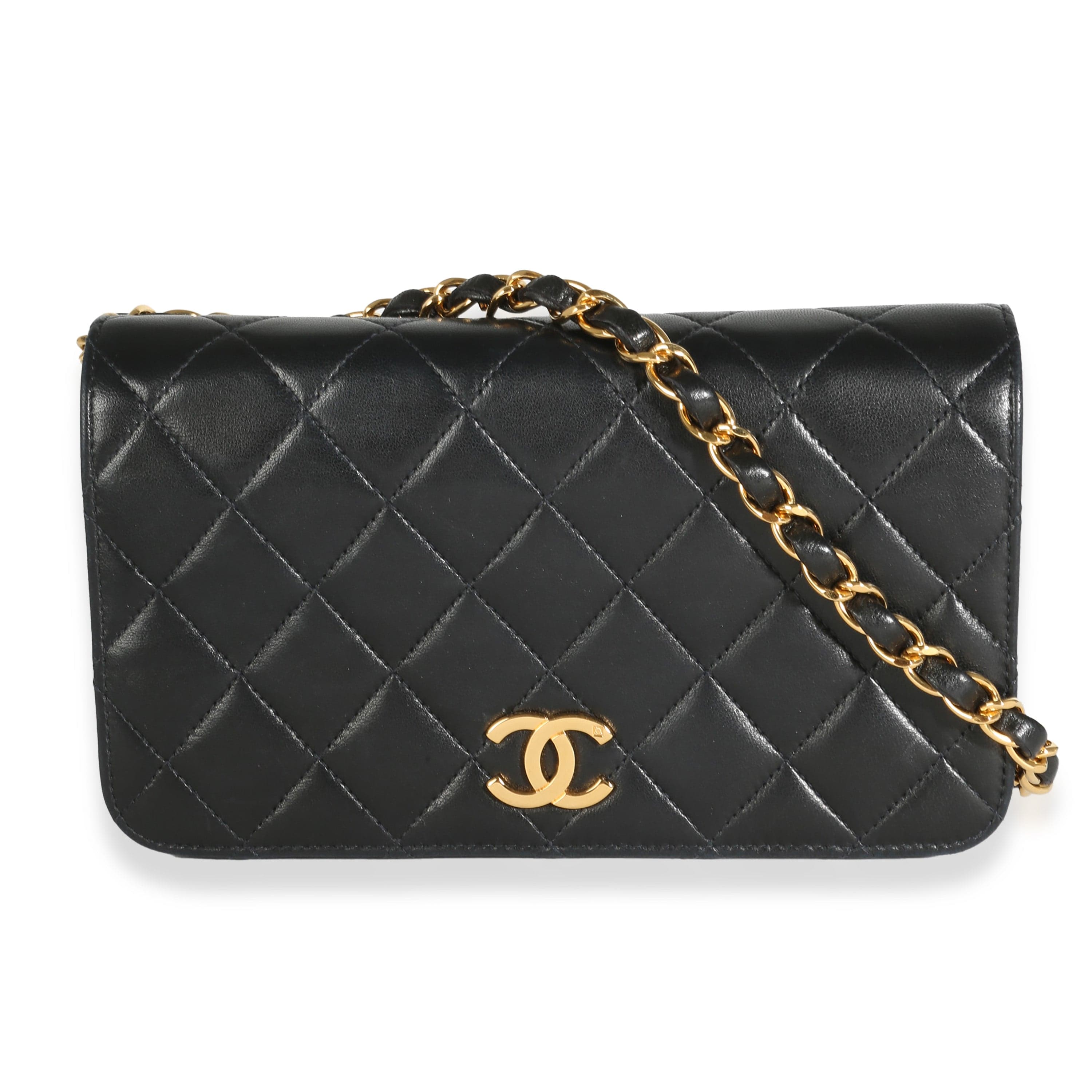 Chanel Vintage Black Quilted Lambskin Full Flap Wallet On Chain