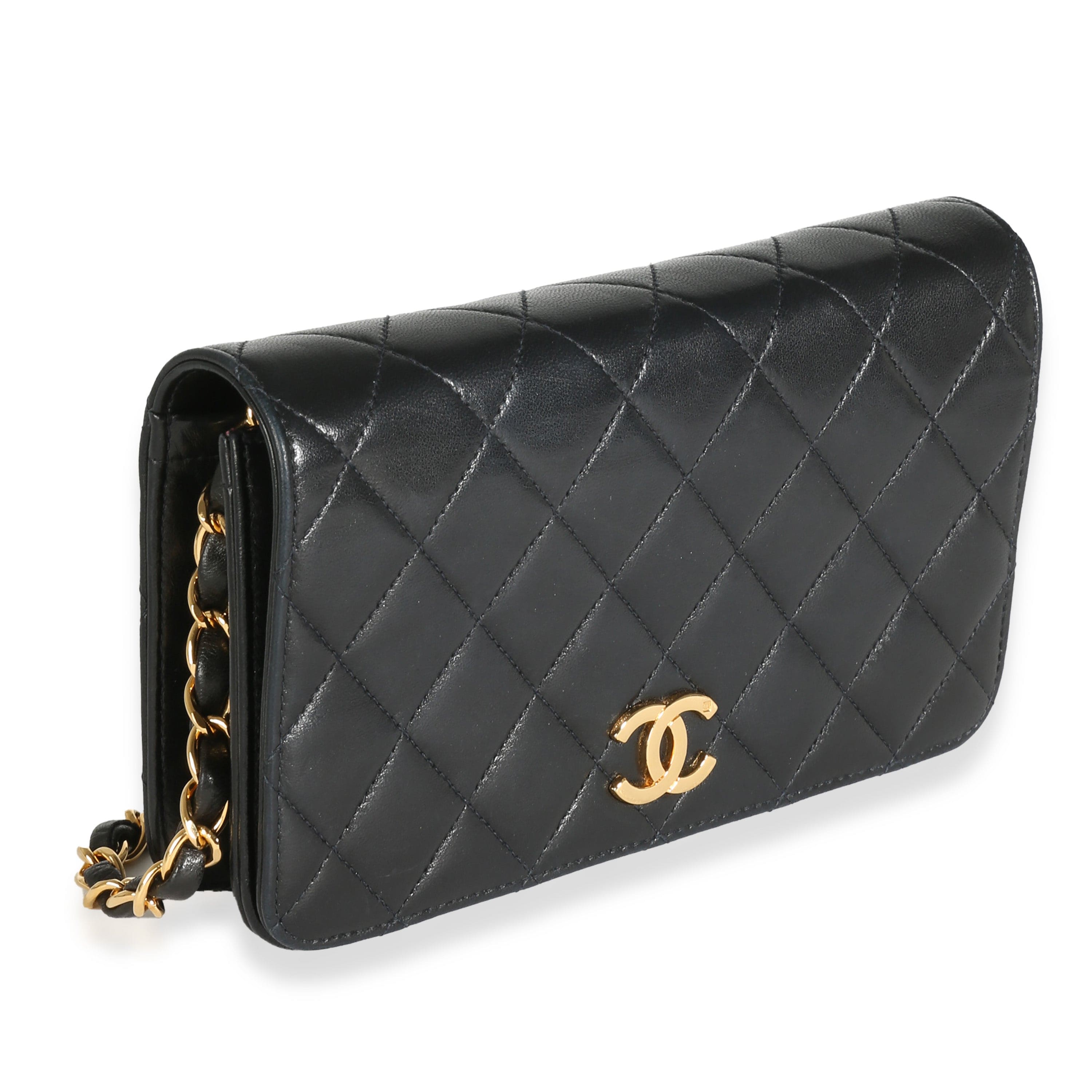 Chanel Vintage Black Quilted Lambskin Full Flap Wallet On Chain