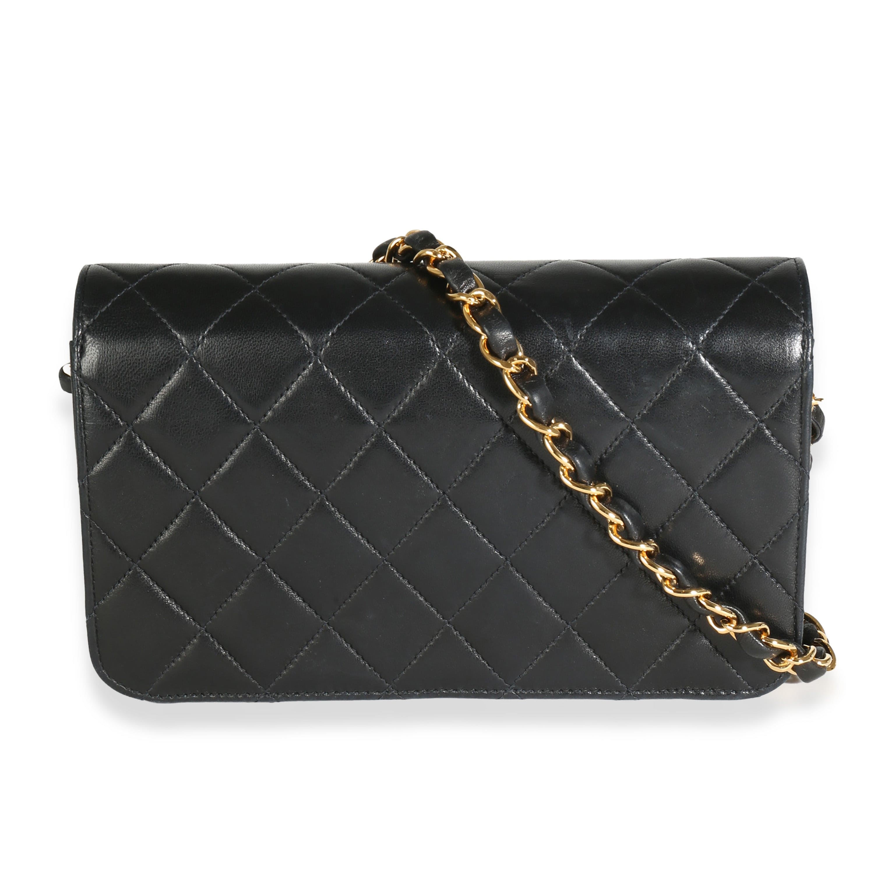 Chanel Vintage Black Quilted Lambskin Full Flap Wallet On Chain