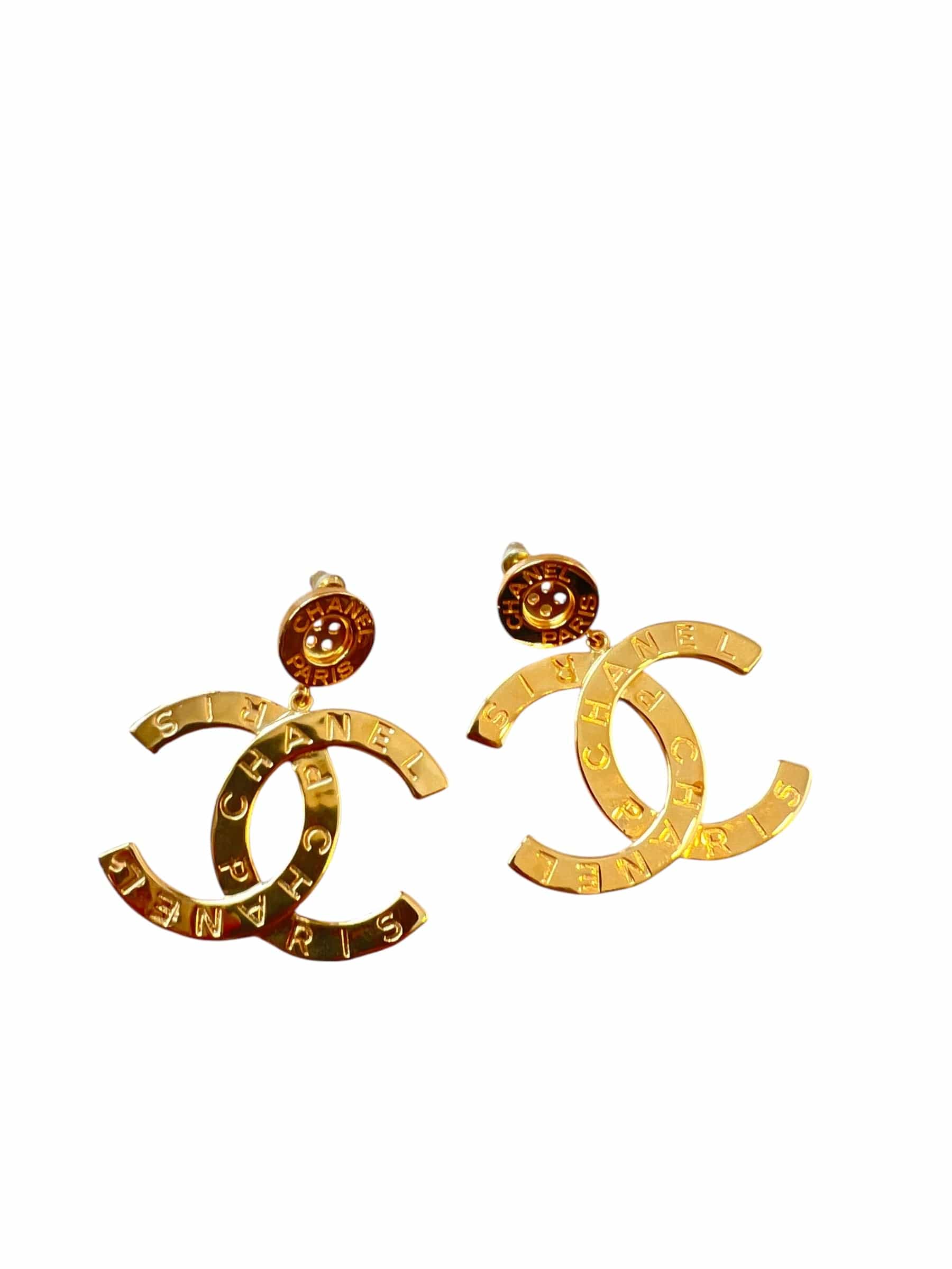 Chanel Chanel Gold Button CC Drop Pierced Earrings DXBK0073