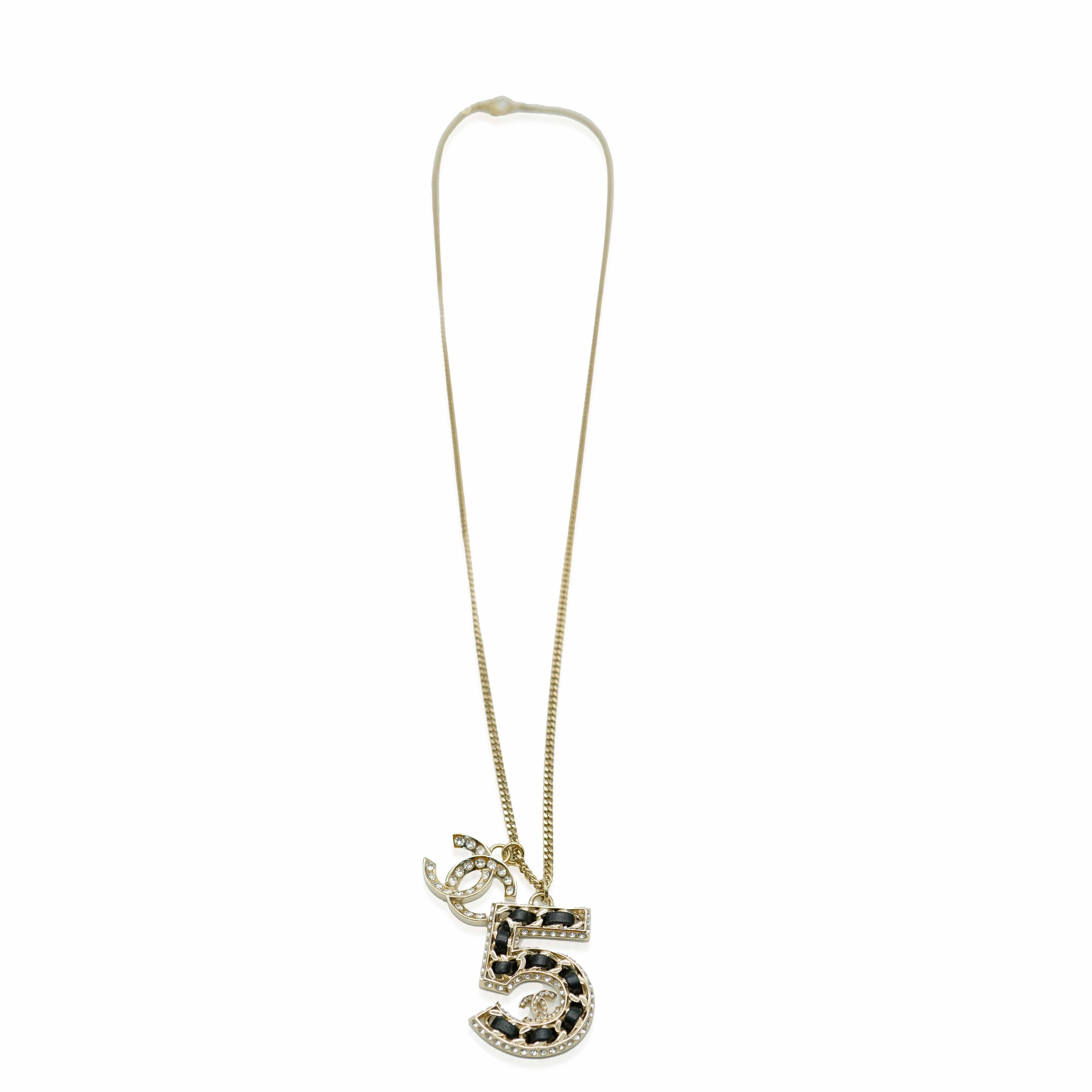 Chanel Chanel 2023 No.5 Woven Chain Pendant WIth Strass CC And Leather Gold Plated