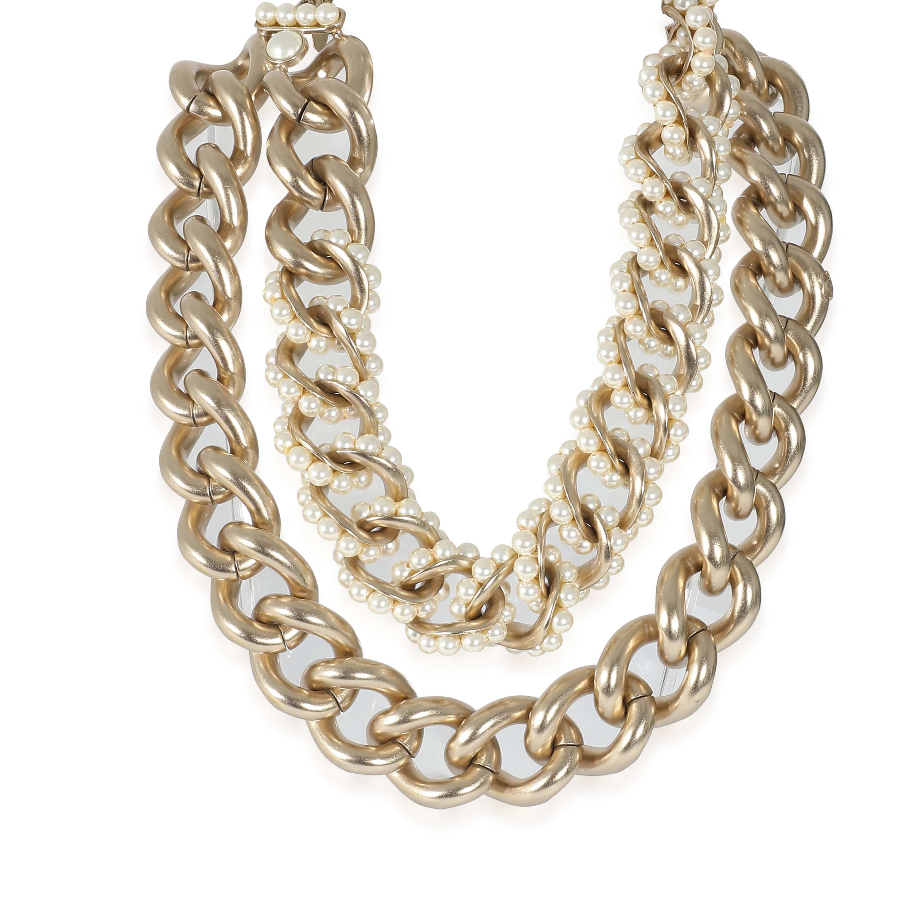 Chanel Gold Tone Chanel 2013 Double Curb Chain Choker With Faux Pearls