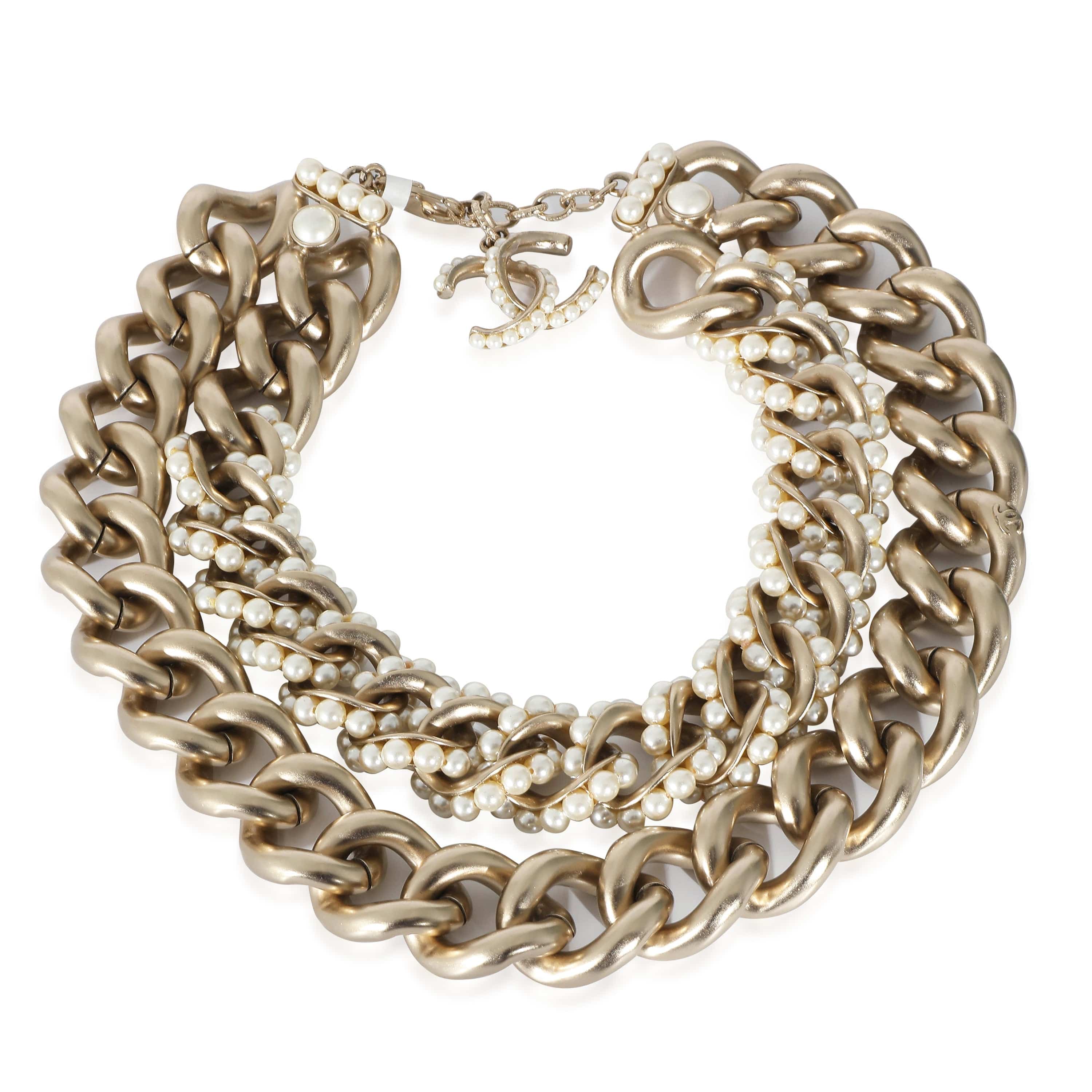 Chanel Gold Tone Chanel 2013 Double Curb Chain Choker With Faux Pearls