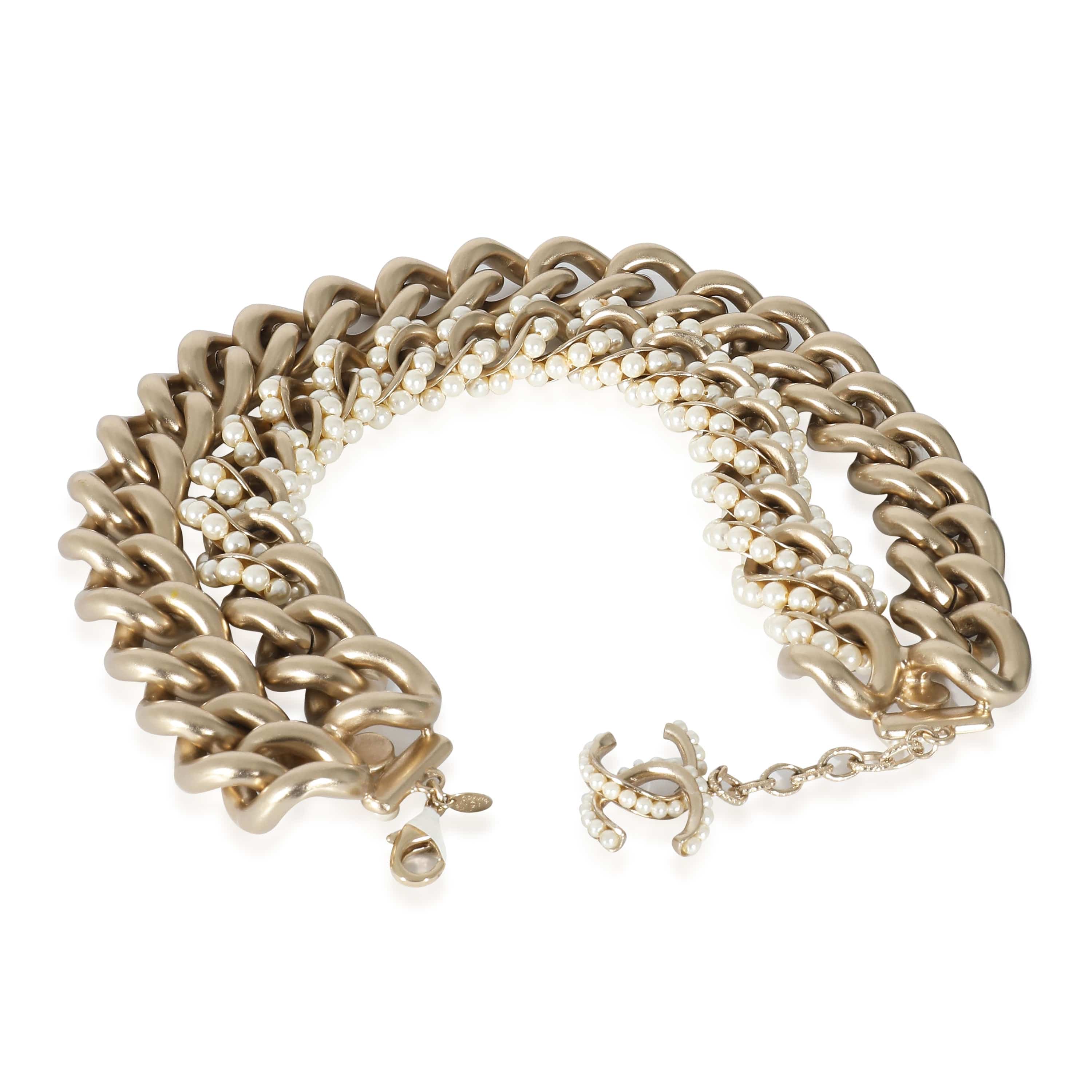 Chanel Gold Tone Chanel 2013 Double Curb Chain Choker With Faux Pearls