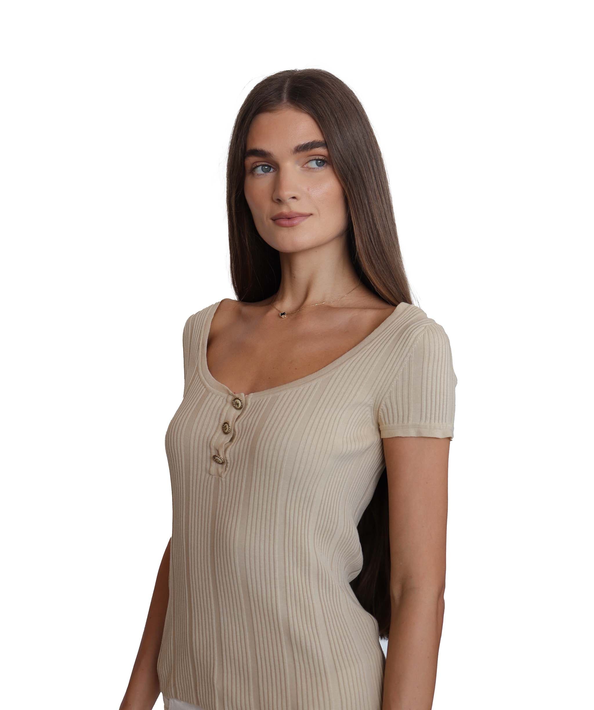 Chanel Chanel CC Buttons Ribbed Top Beige DXBS1877