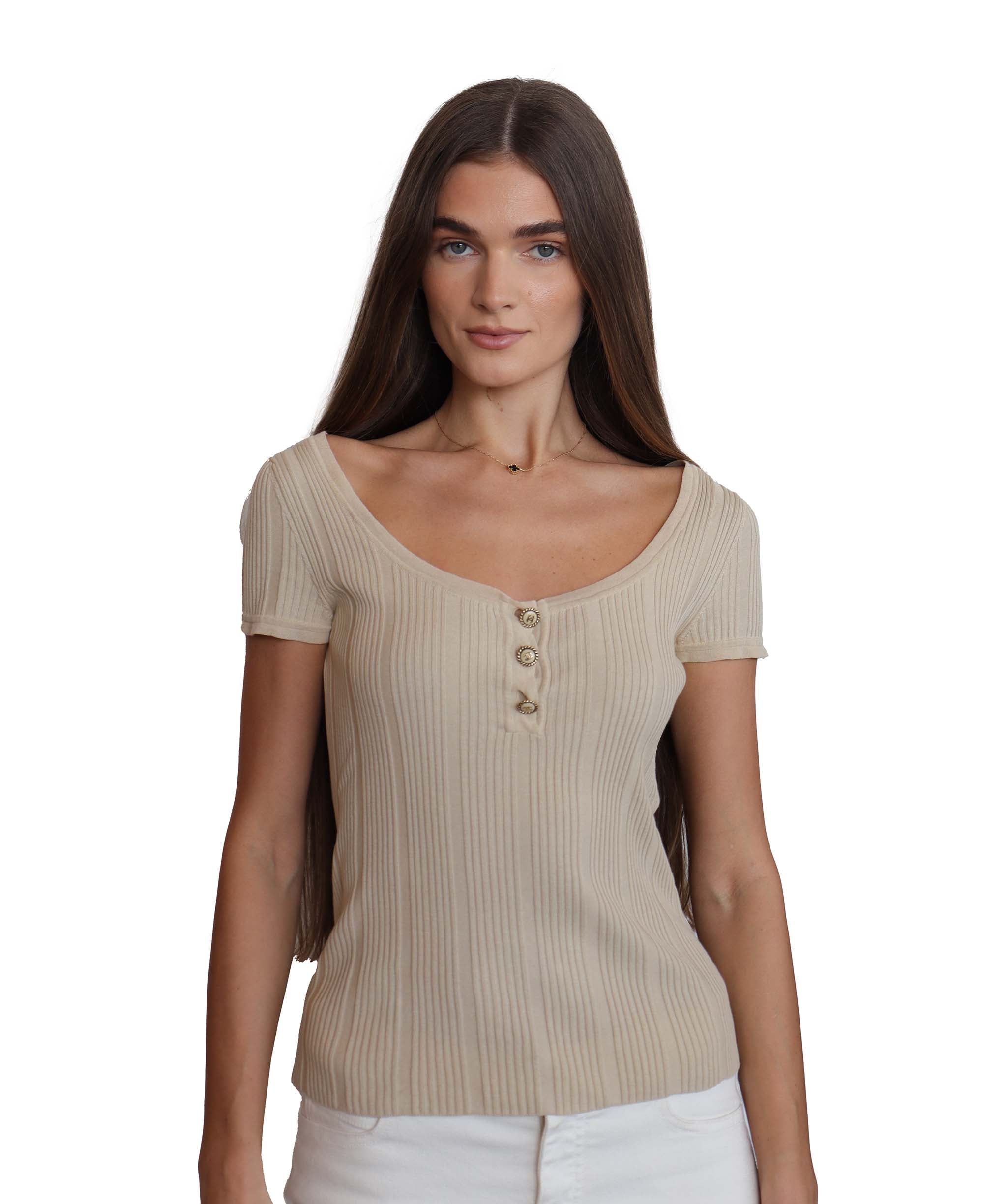 Chanel Chanel CC Buttons Ribbed Top Beige DXBS1877