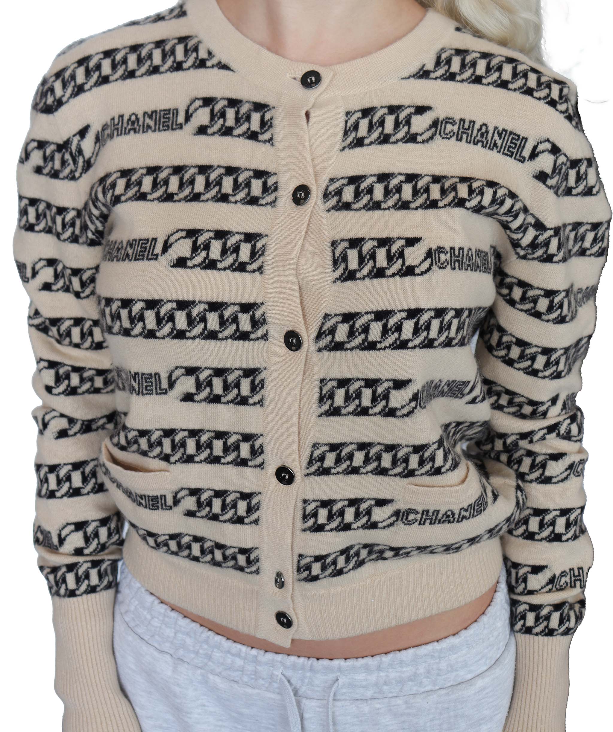 Chanel Chanel Fall 2001 Beige Cashmere Intarsia Chain Pattern Cardigan  DXBS2054