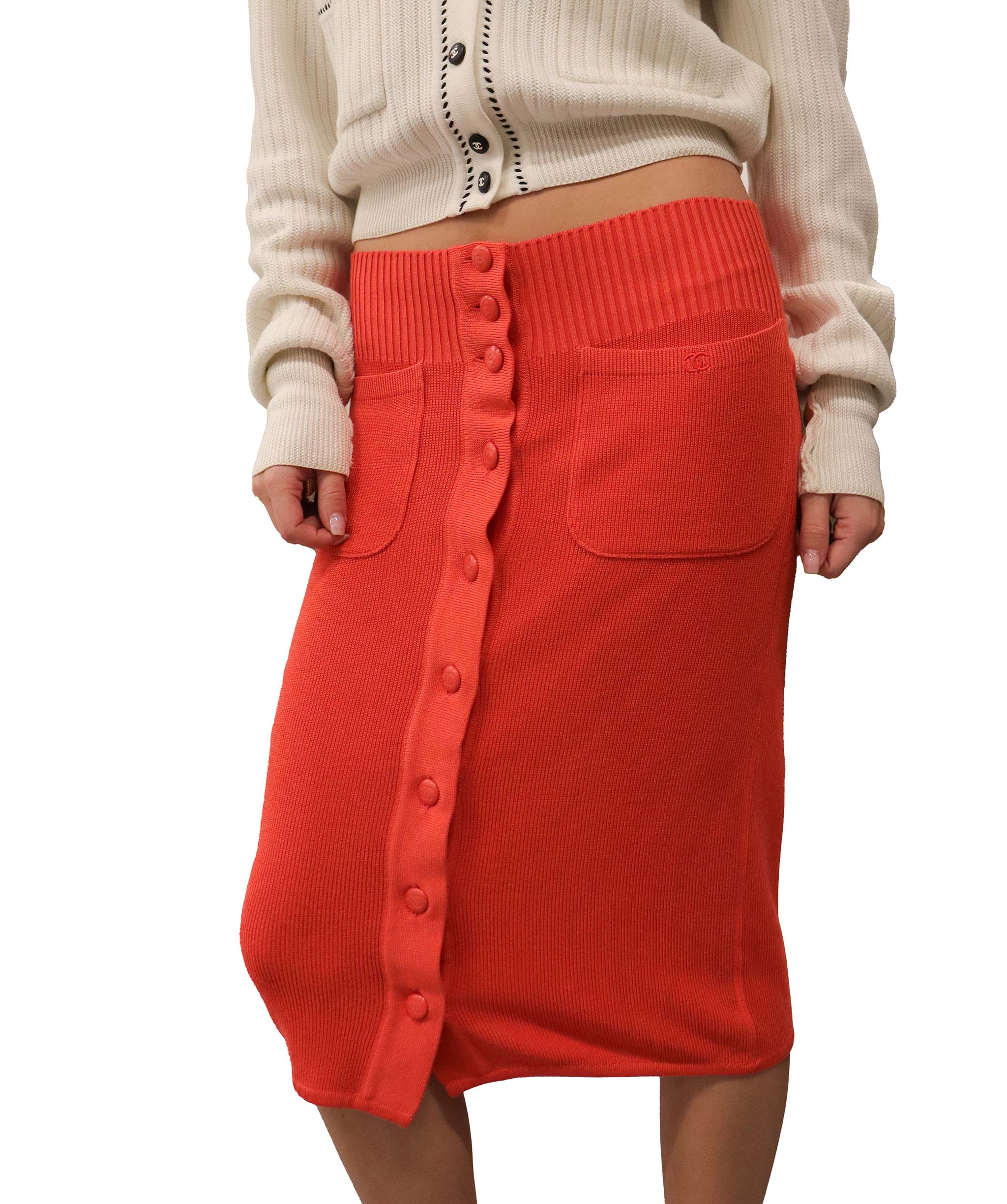 Chanel Chanel Logo Button Knit Skirt Red DXBS2038