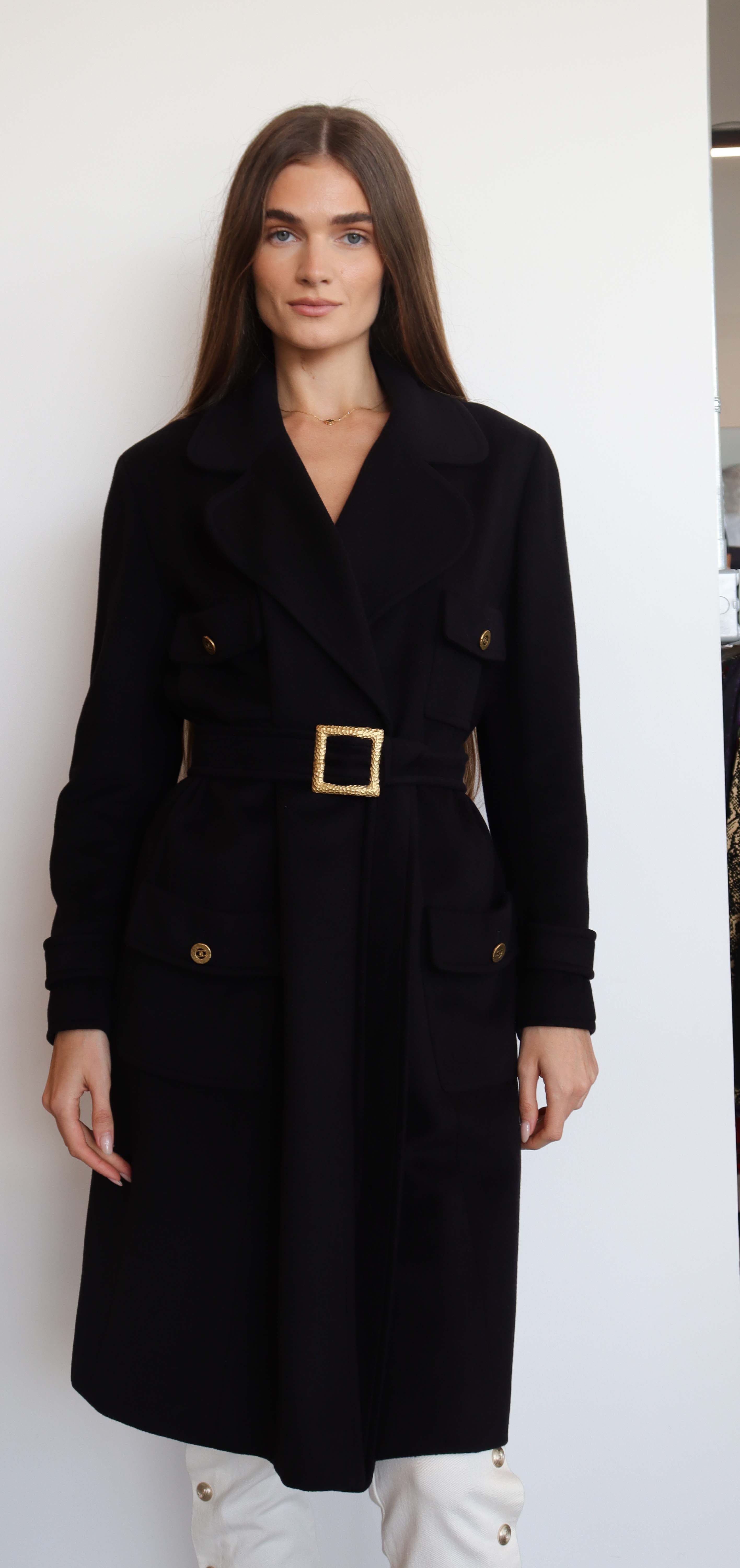 Chanel Chanel Logo Long Coat Cashemere Black Belt DXBS2052