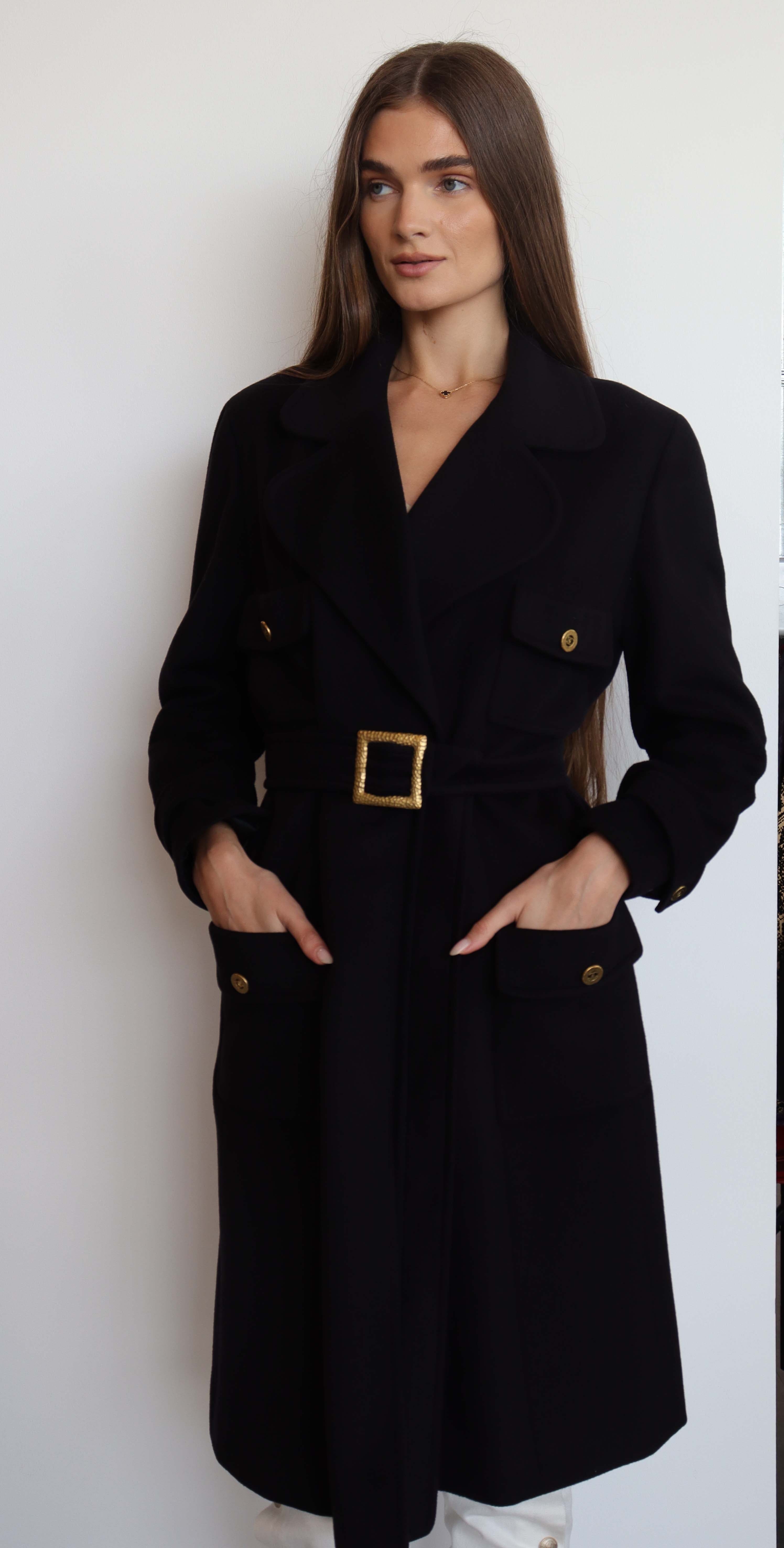 Chanel Chanel Logo Long Coat Cashemere Black Belt DXBS2052