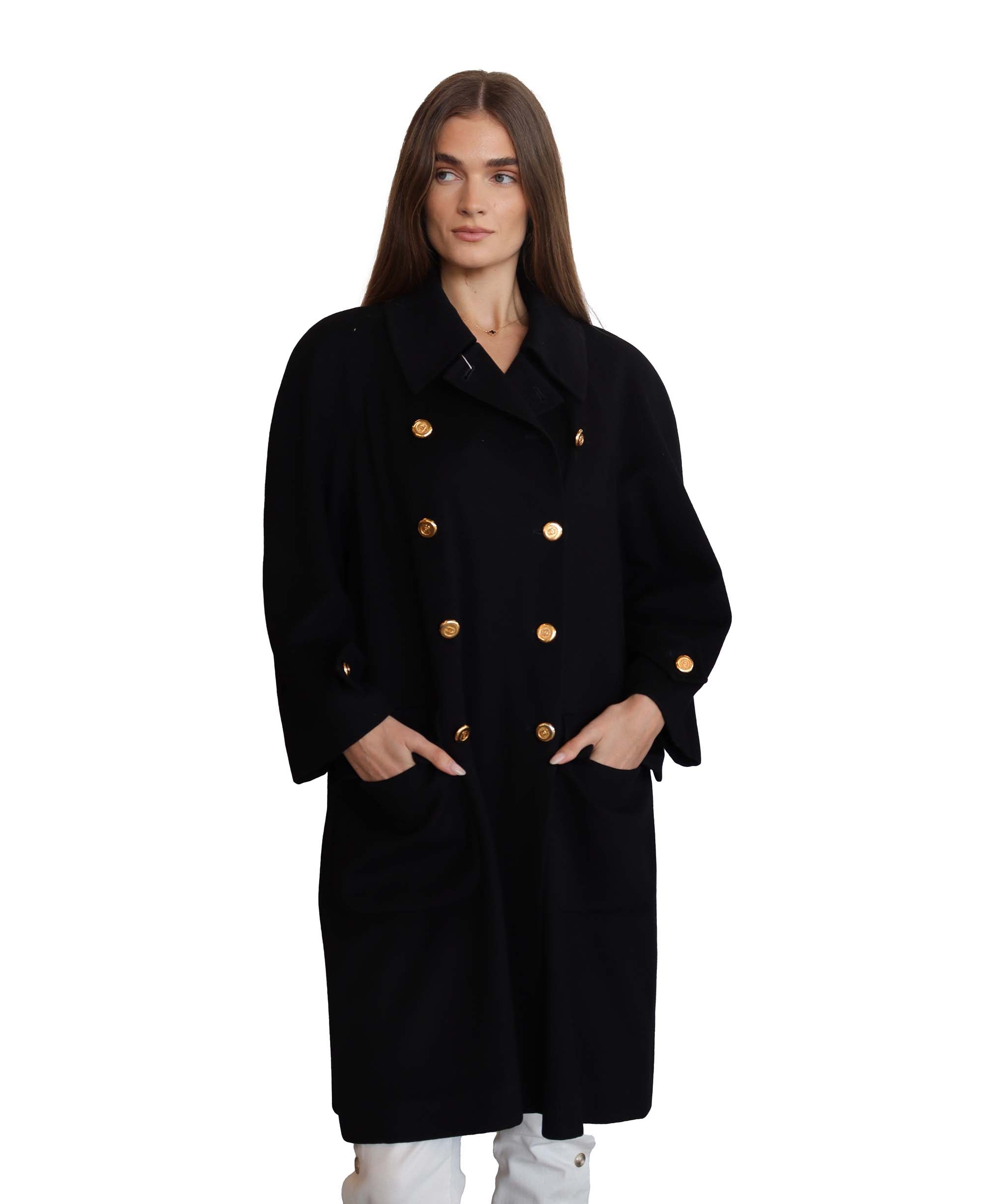 Chanel Chanel Logo Long Coat Cashmere Black DXBS2050