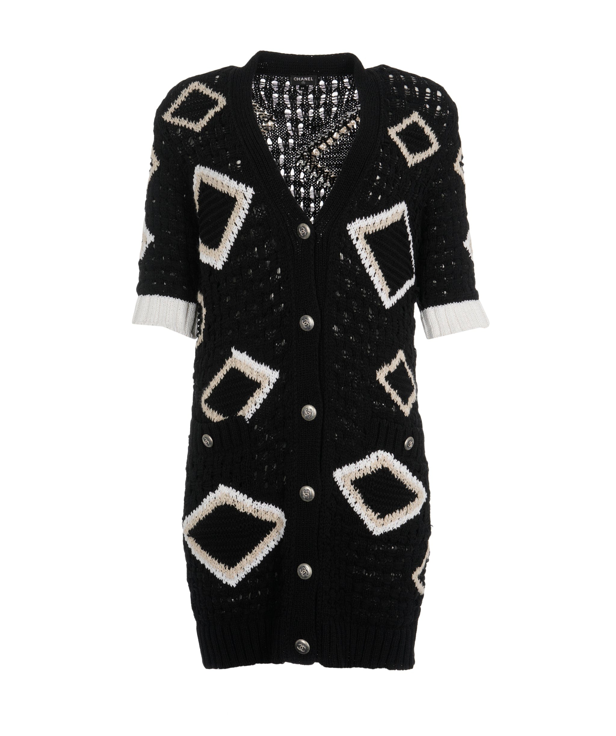 Chanel Cardigan long Chanel noir carrés FR38 P63006K48889 ALC1215