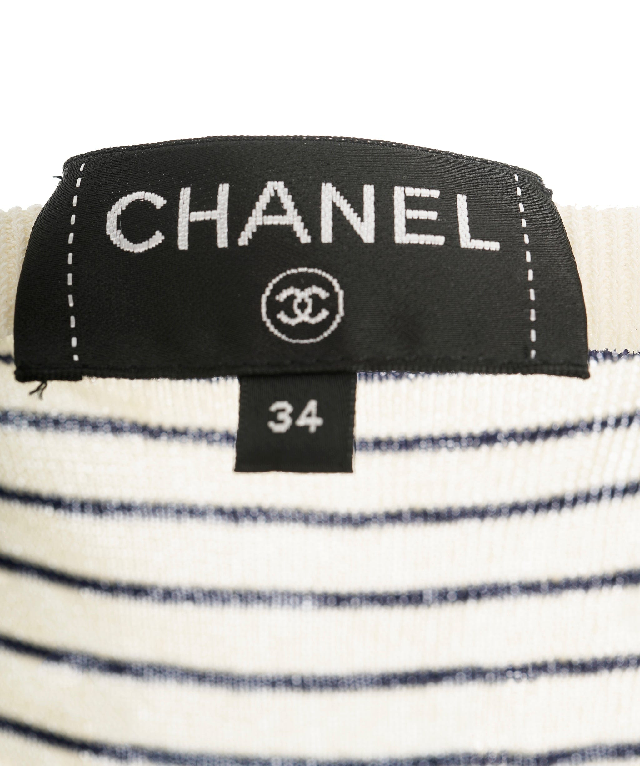 Chanel Chanel 17 Cream & Navy Striped Pearl CC Fine Knit Boat Neck Dress ALC1857