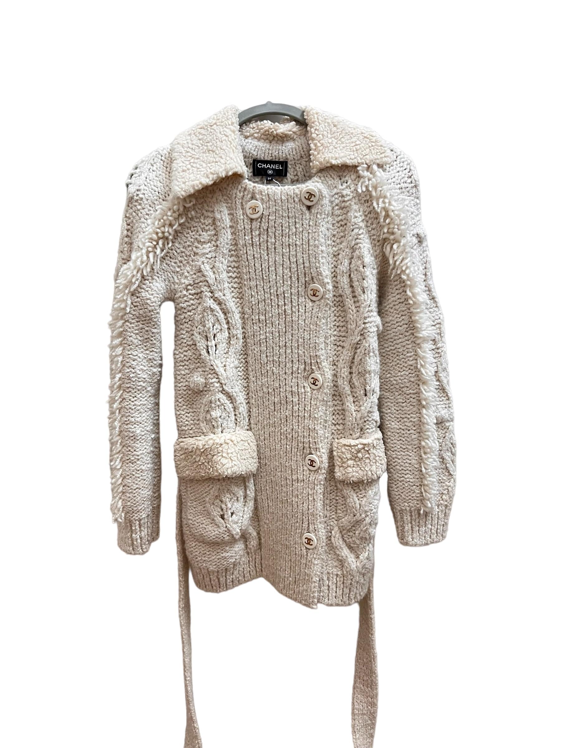 Chanel Chanel 2018 Coco Neige Shearling Crochet Cardigan with Belt