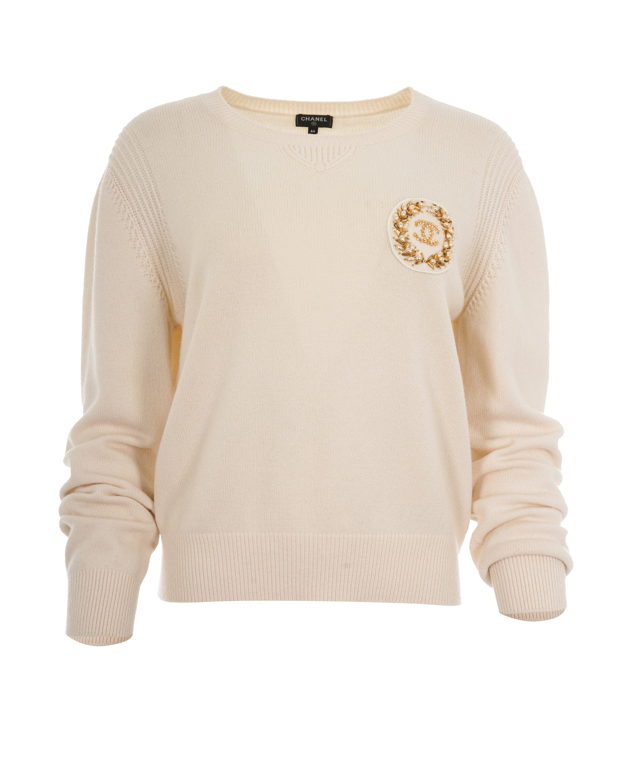 Chanel Chanel 20A Cream Cashmere Embroidered CC Emblem Knit Sweater ALC1823