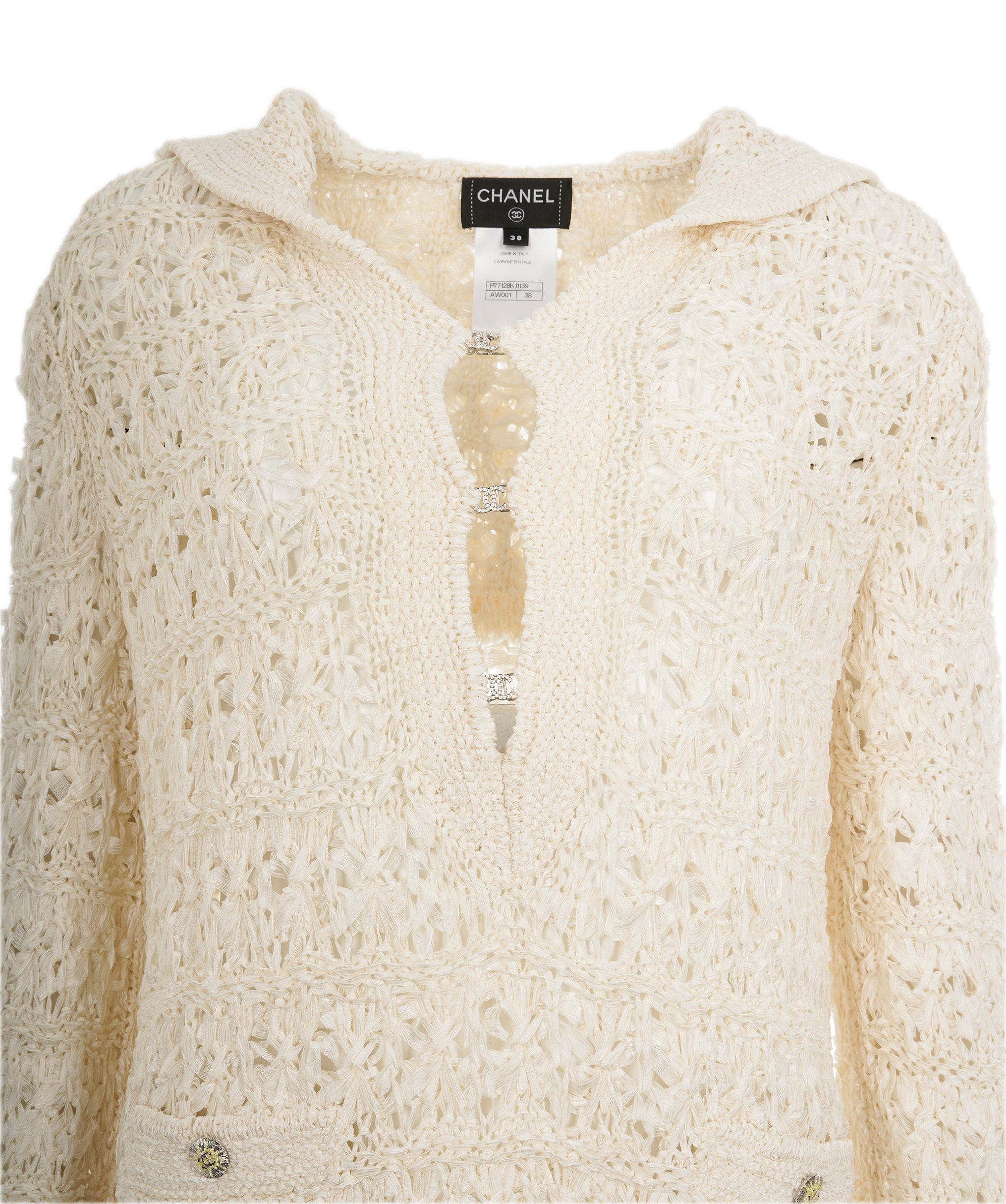 Chanel Chanel 24 White Silk Open Knit CC Rhinestone Oversized Collar Jumper ALC1840