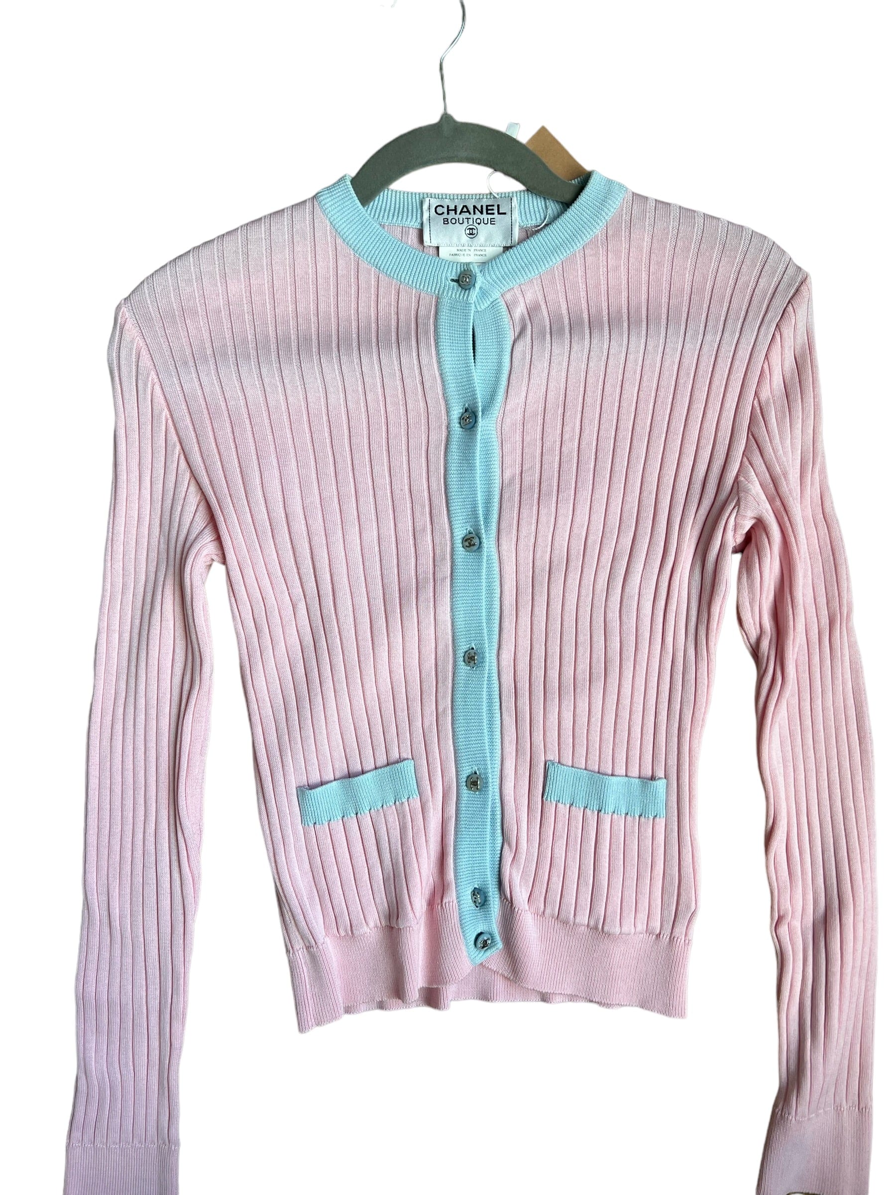 Chanel Chanel CC Button Rib Cardigan Pink Blue ASL10660