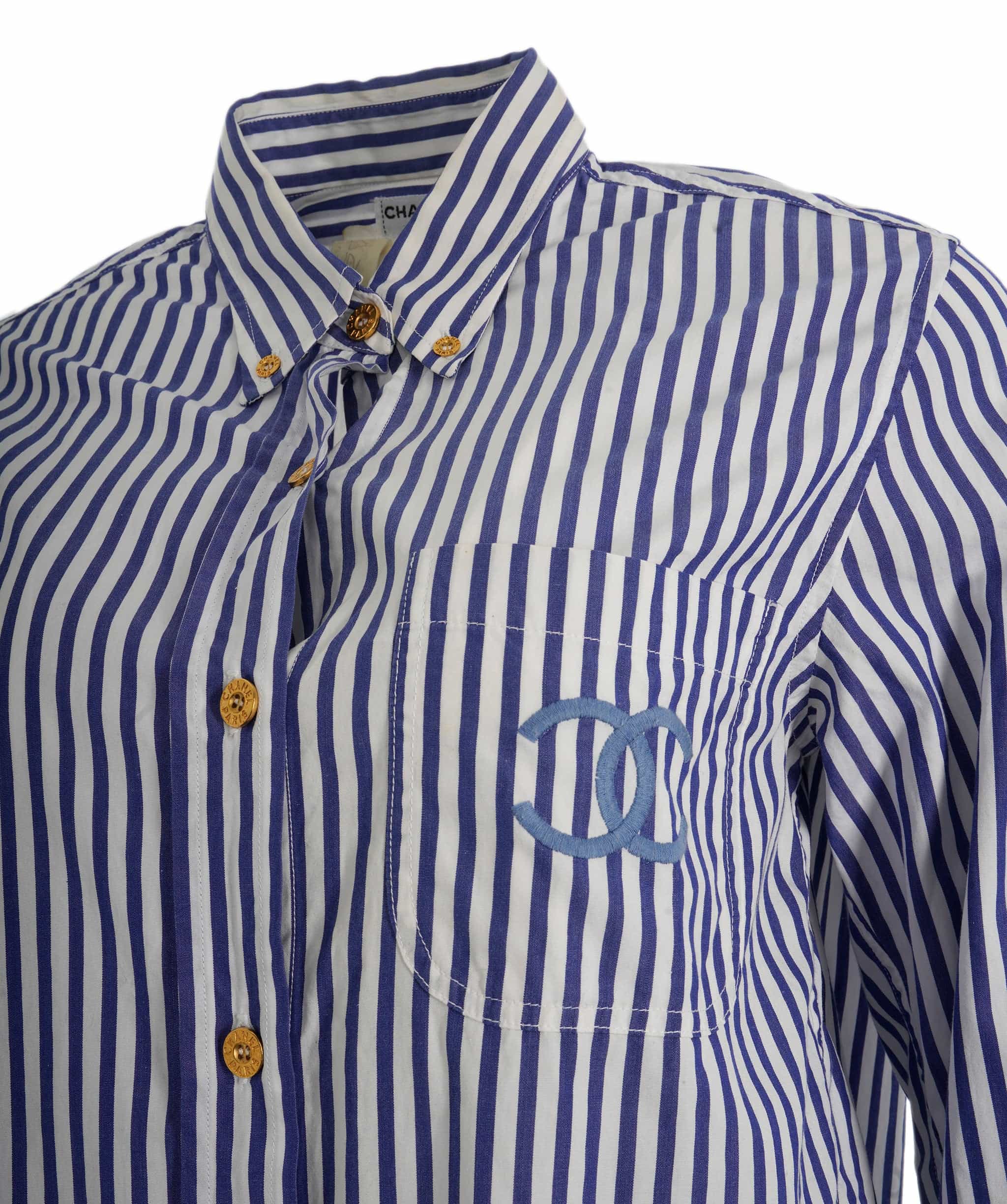 Chanel Chanel CC Pocket Striped Shirt Blue ASL10251