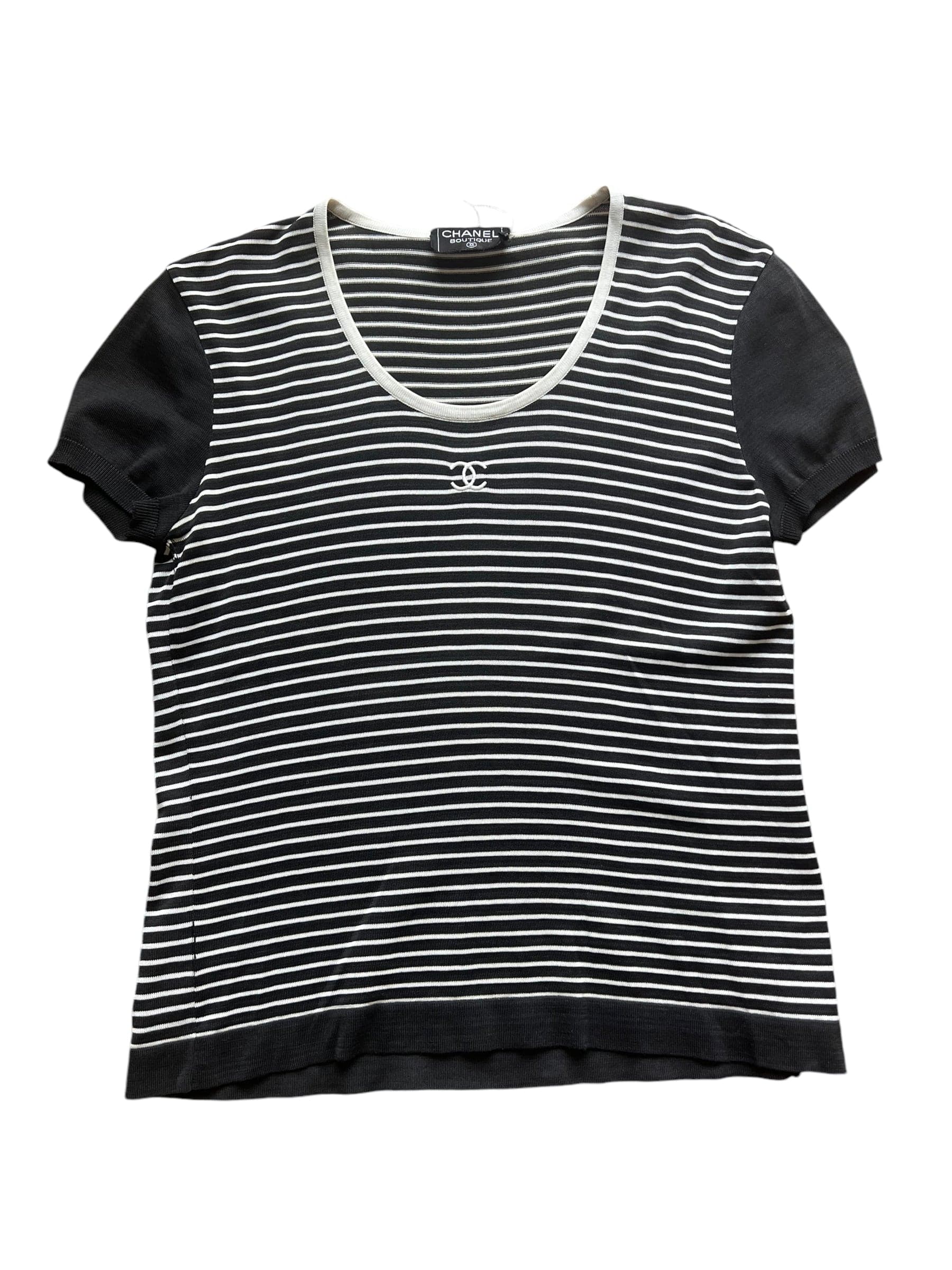 Chanel Chanel CC Stripe Knit Top Black DXBS0568