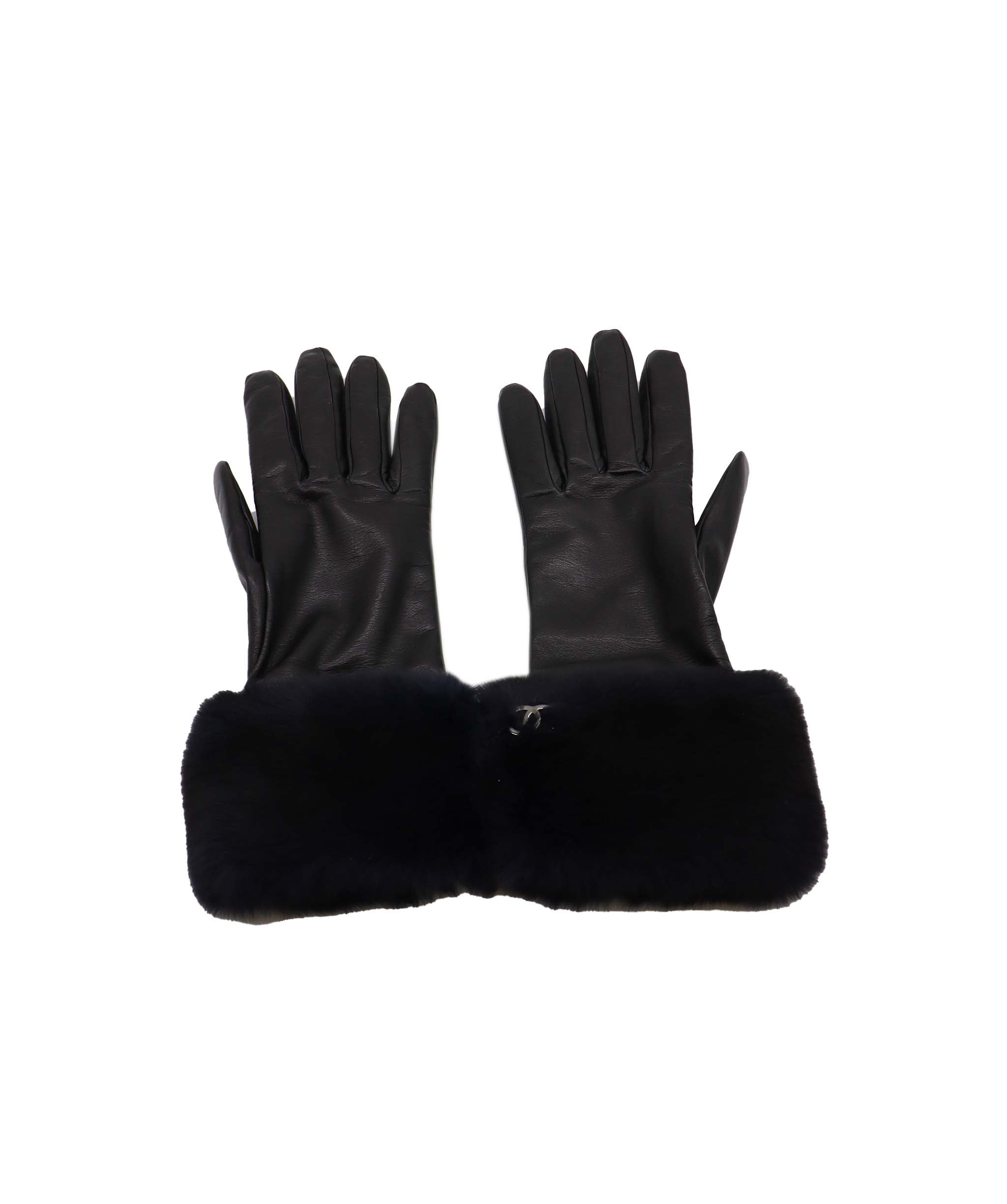 Chanel Chanel Logo Gloves Leather Fur Black Dark Blue DXBK0094