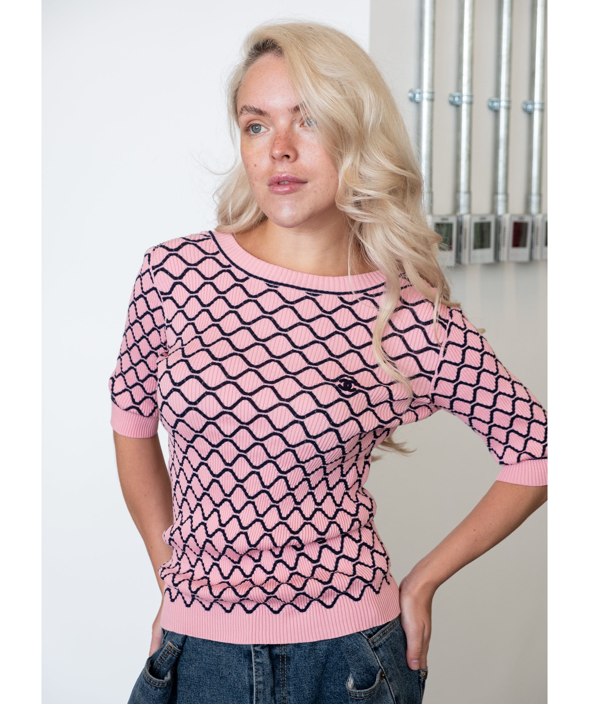 Chanel Chanel Pink Knit Pattern Top P63033K48812	 DXBS0474